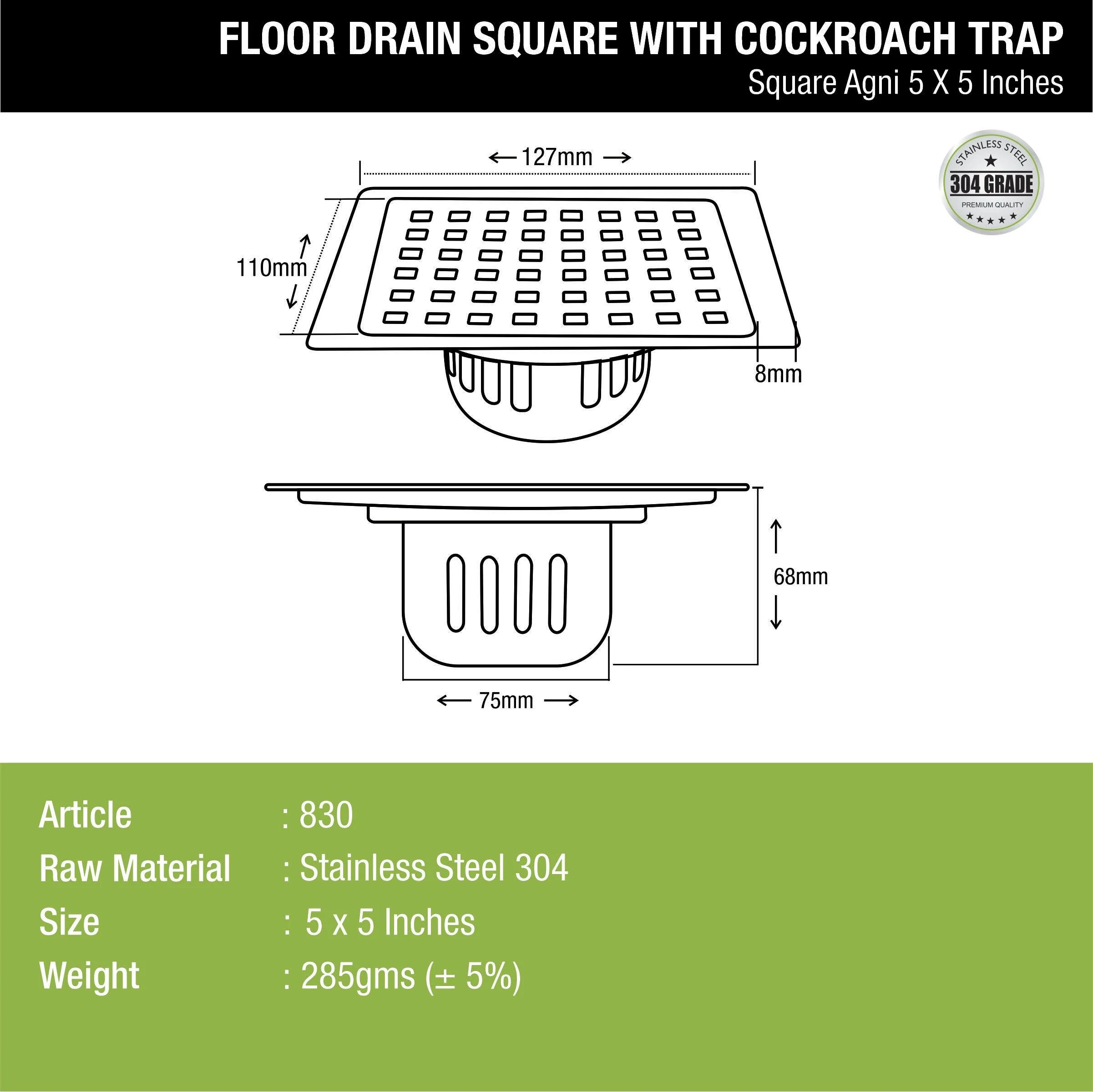 Agni Square Floor Drain (5 x 5 Inches) with Cockroach Trap - LIPKA - Image 2