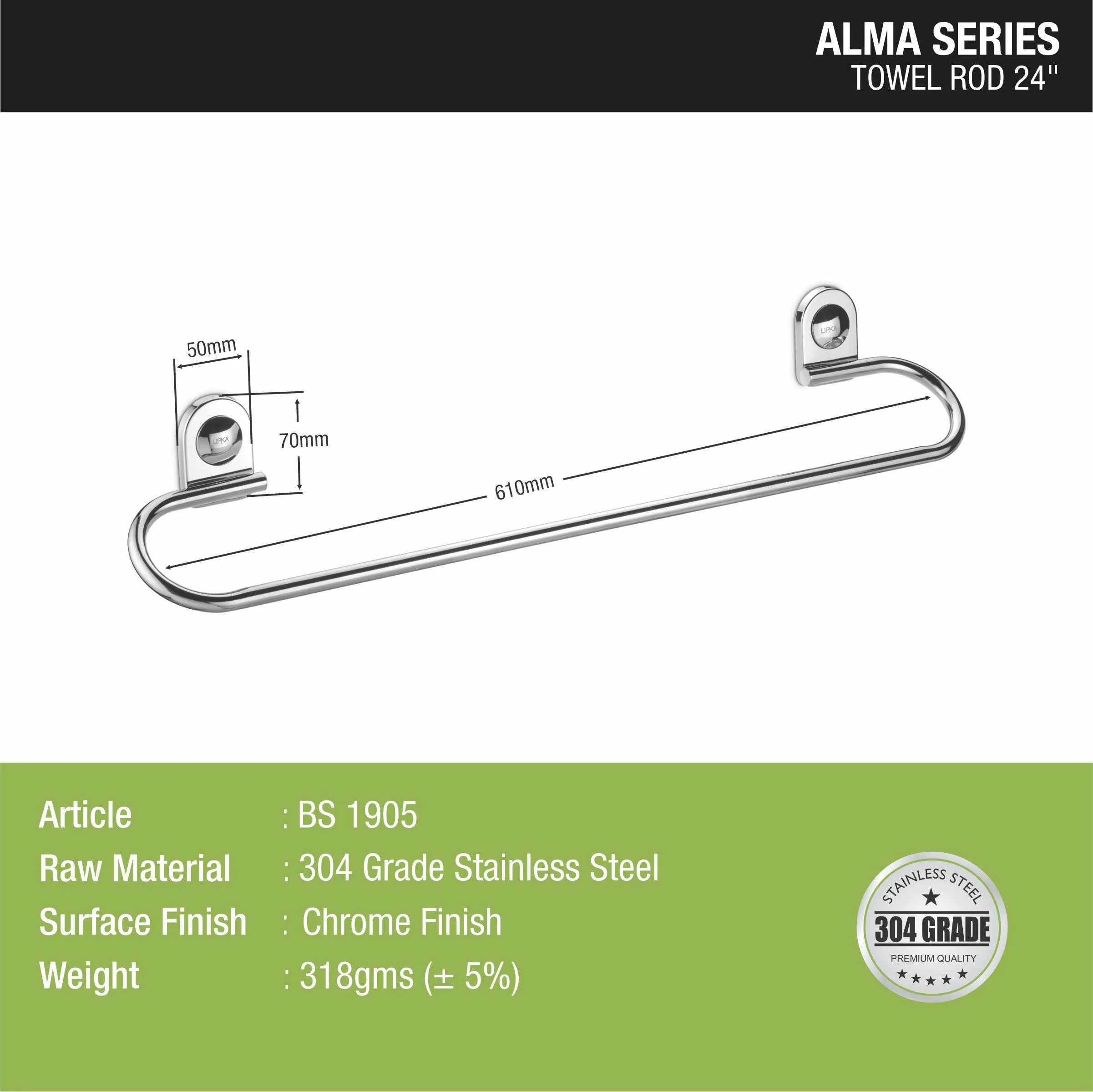 Alma Towel Rod 304-SS (24 Inches) - LIPKA - Image 2