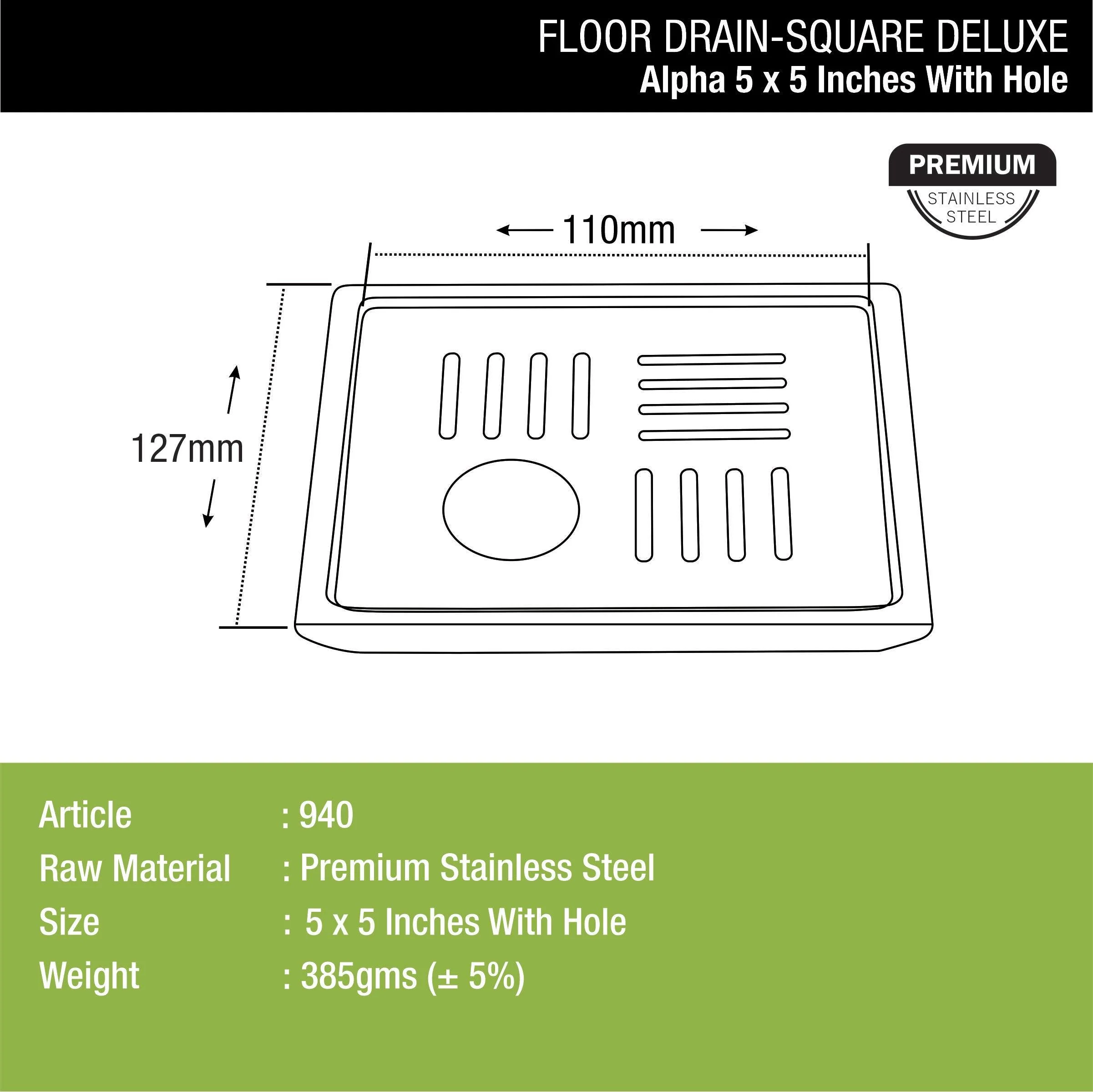 Alpha Deluxe Square Floor Drain (5 x 5 Inches) with Hole - LIPKA - Image 2