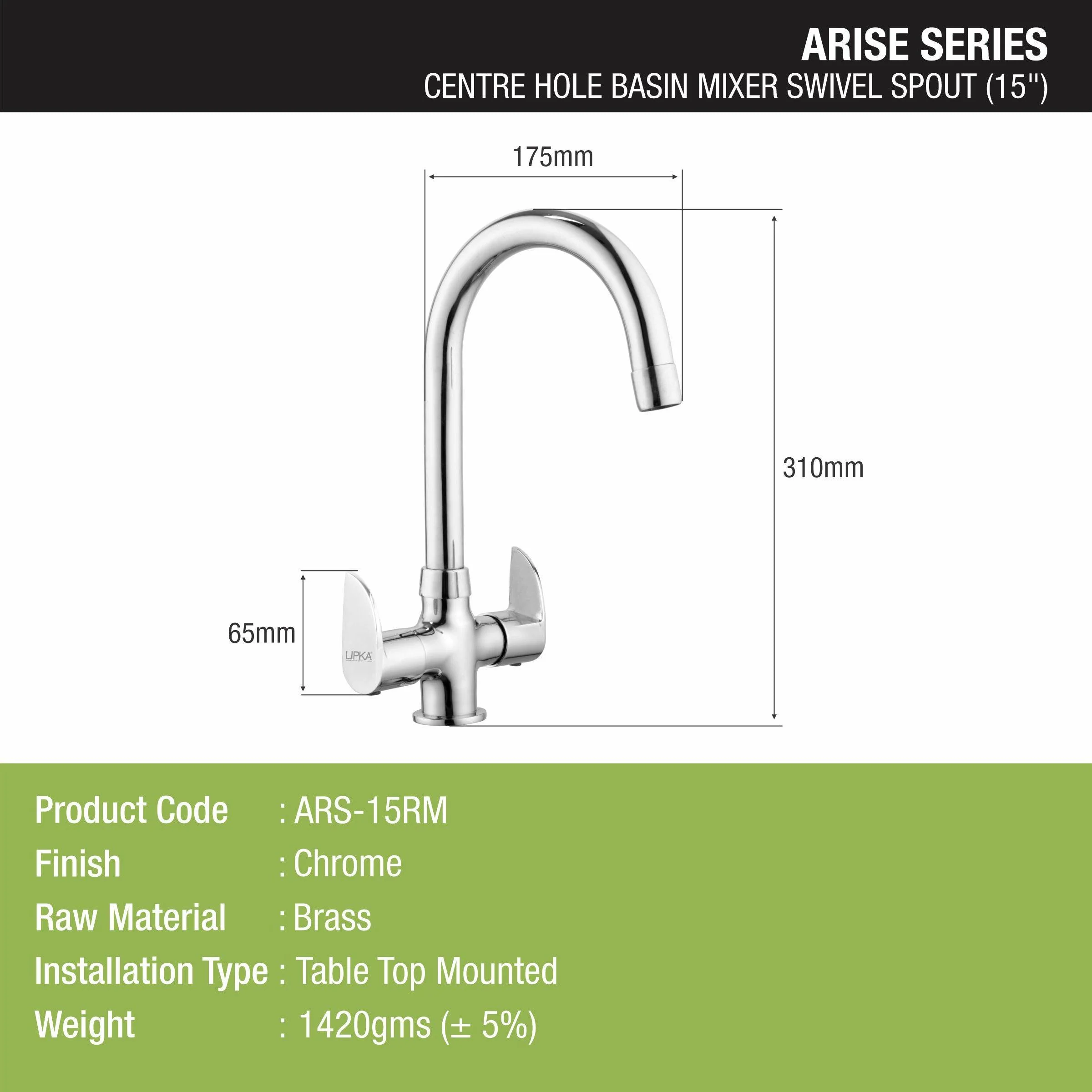 Arise Centre Hole Basin Mixer Brass Faucet with Round Swivel Spout (15 Inches) - LIPKA - Image 2