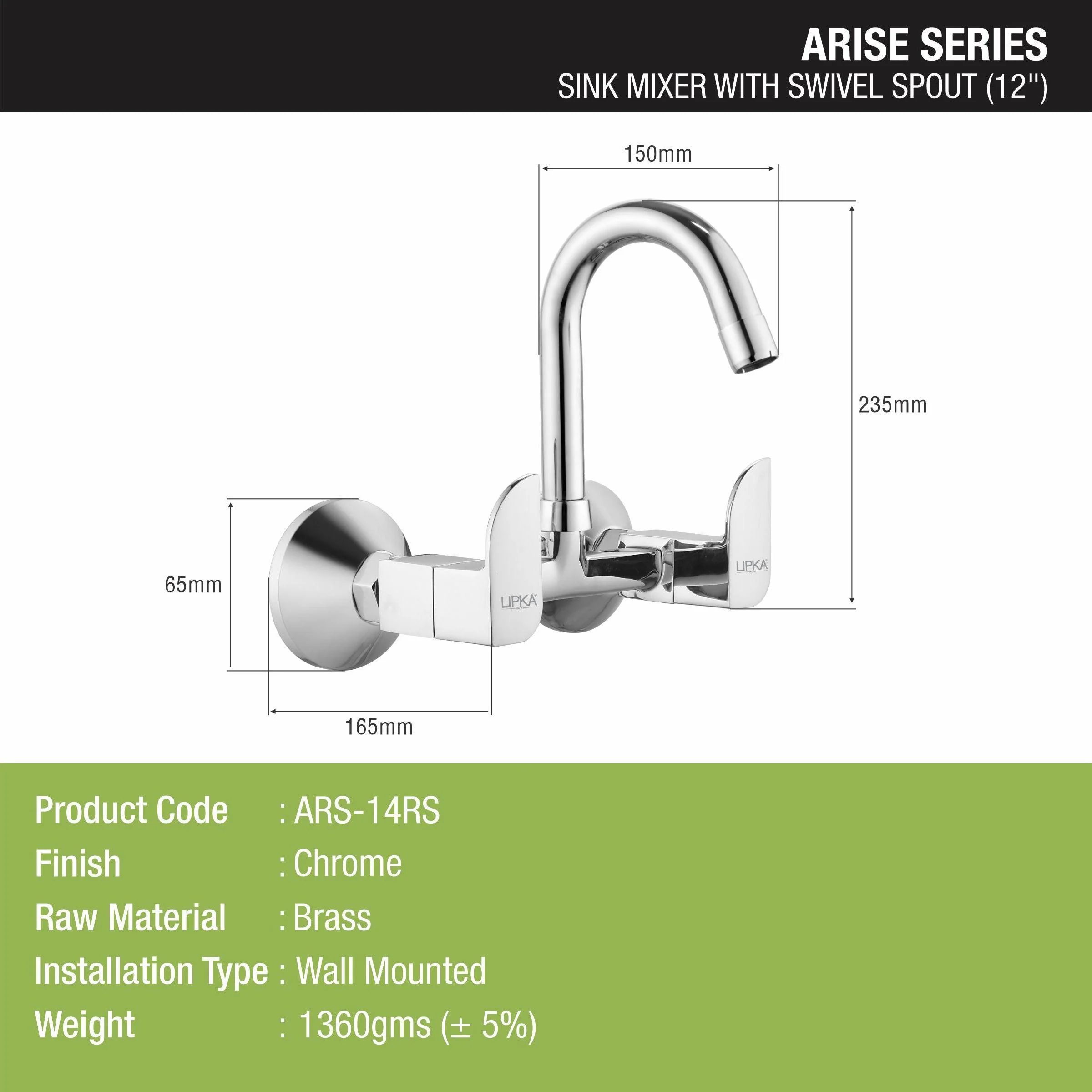 Arise Sink Mixer Brass Faucet with Round Swivel Spout (12 Inches) - LIPKA - Image 2