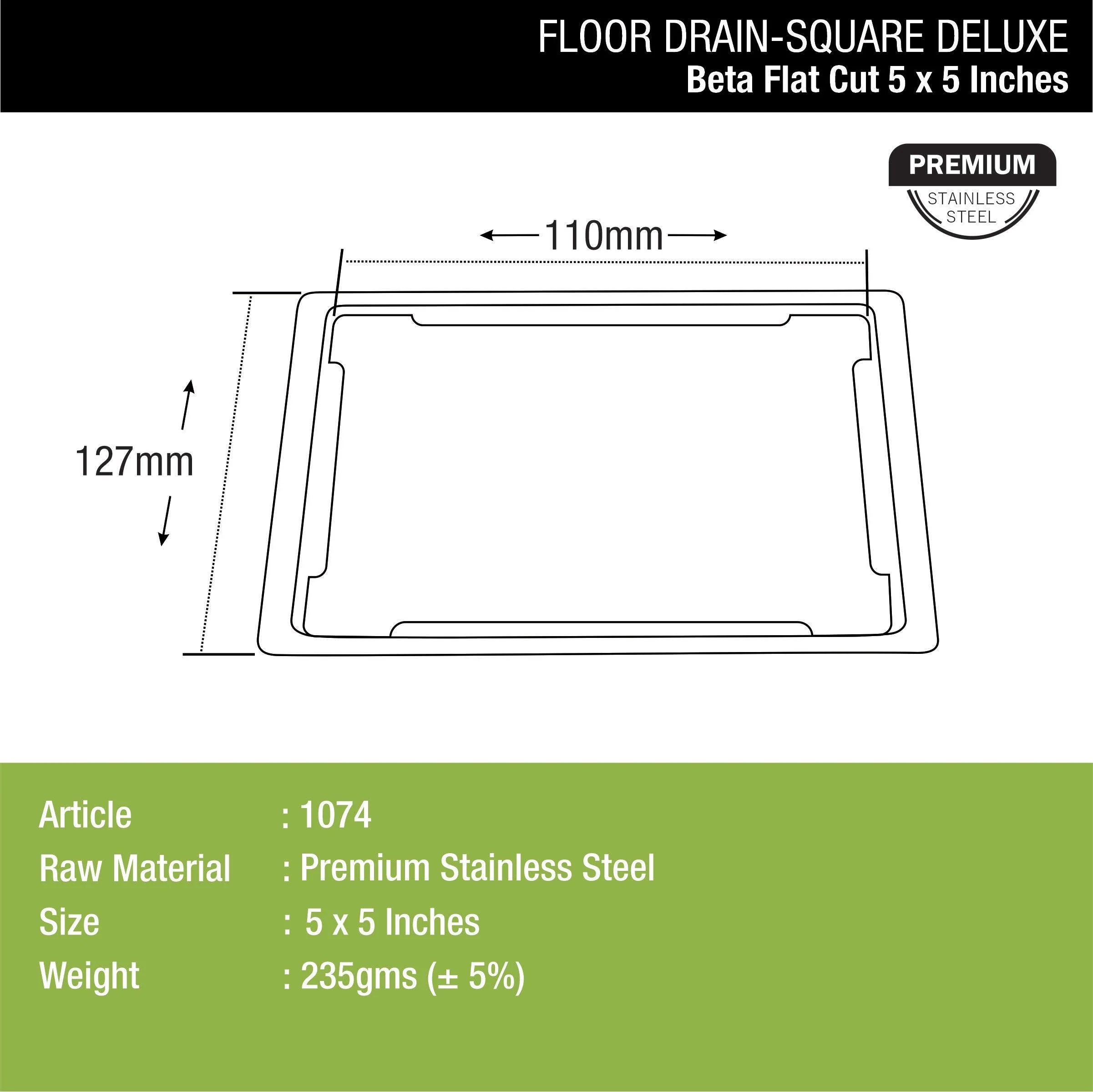 Beta Deluxe Square Flat Cut Floor Drain (5 x 5 Inches) - LIPKA - Image 2