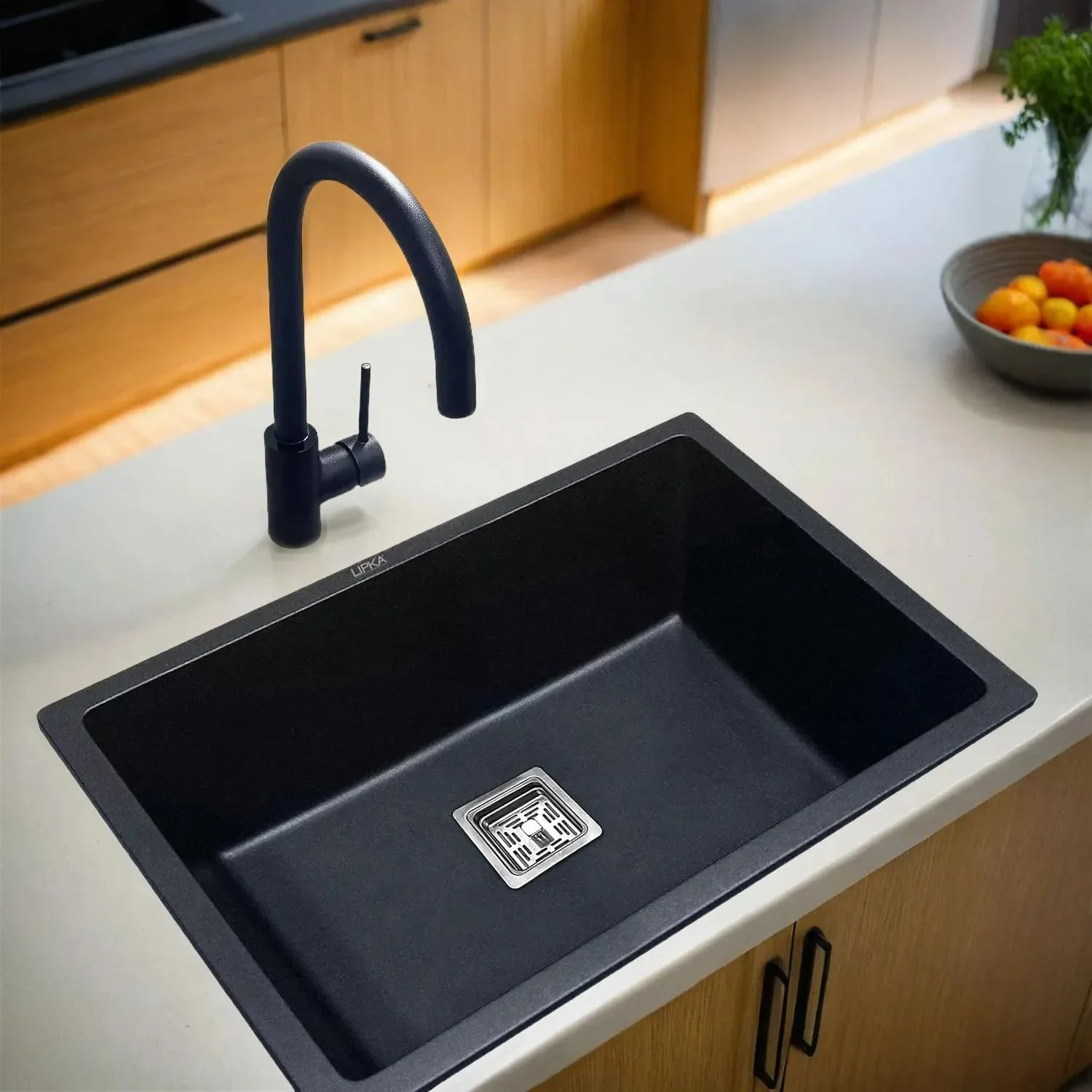 Black Quartz Single Bowl Kitchen Sink (21 x 18 x 9 Inches) - LIPKA