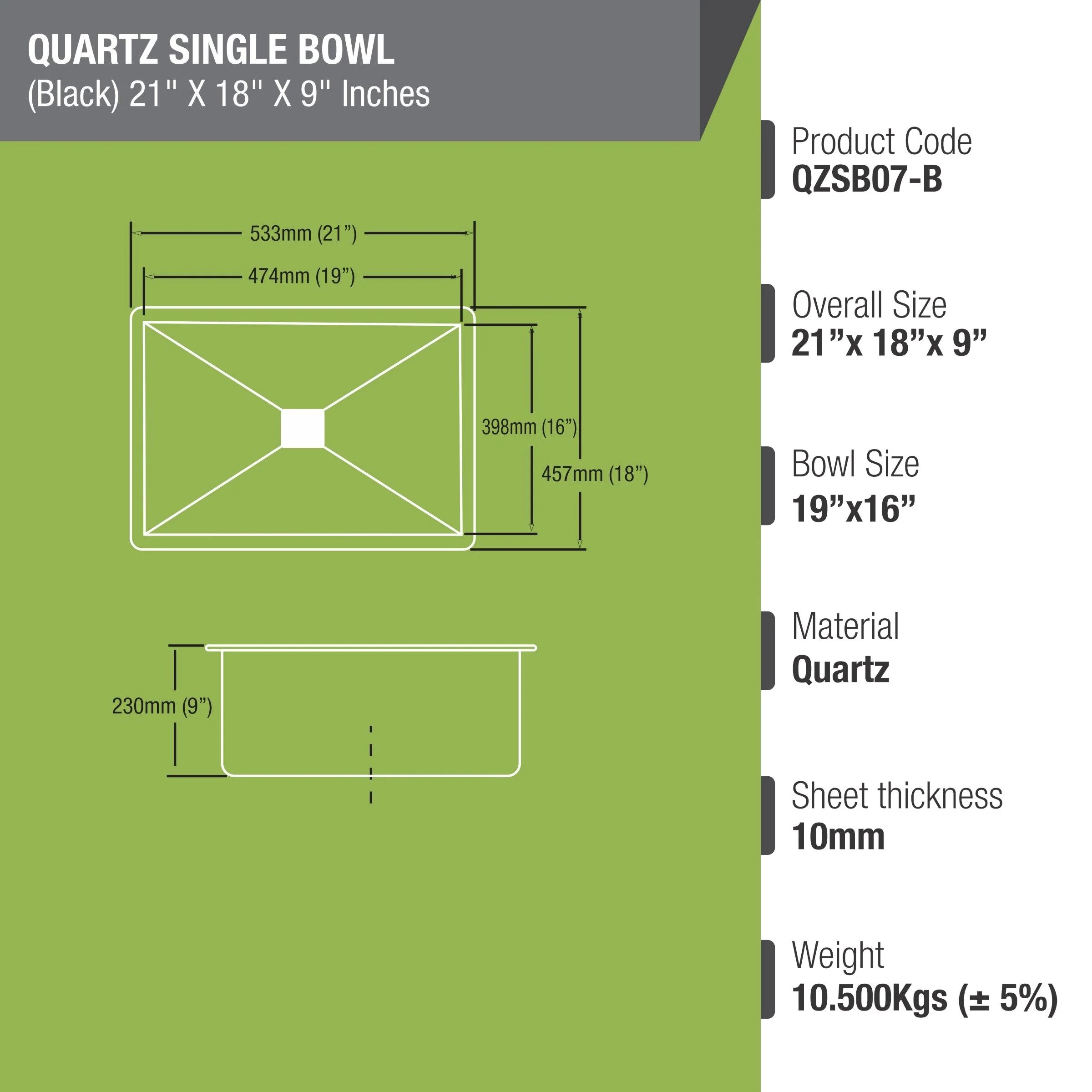 Black Quartz Single Bowl Kitchen Sink (21 x 18 x 9 Inches) - LIPKA - Image 3