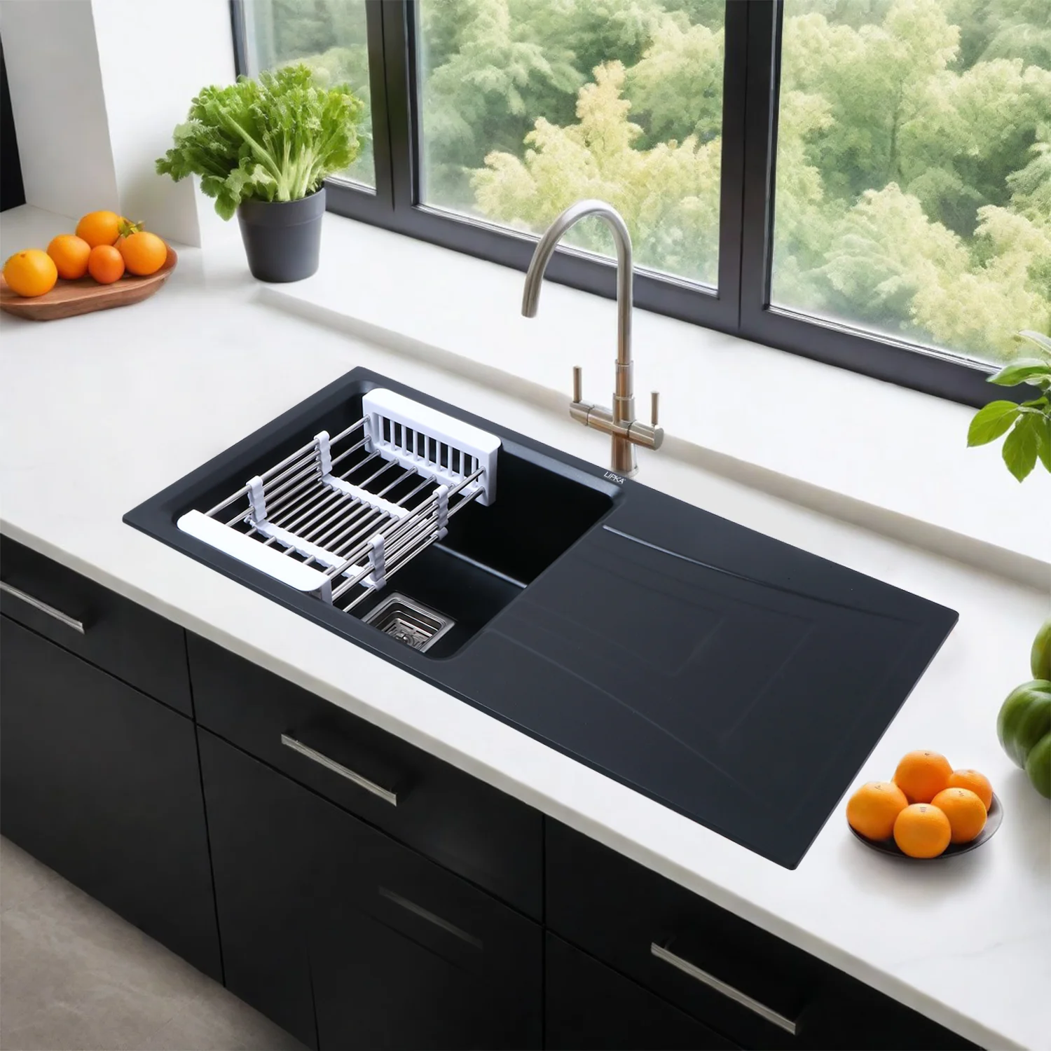 Black Quartz Single Bowl with Drainboard Kitchen Sink (36 x 18 x 9 Inches) - LIPKA