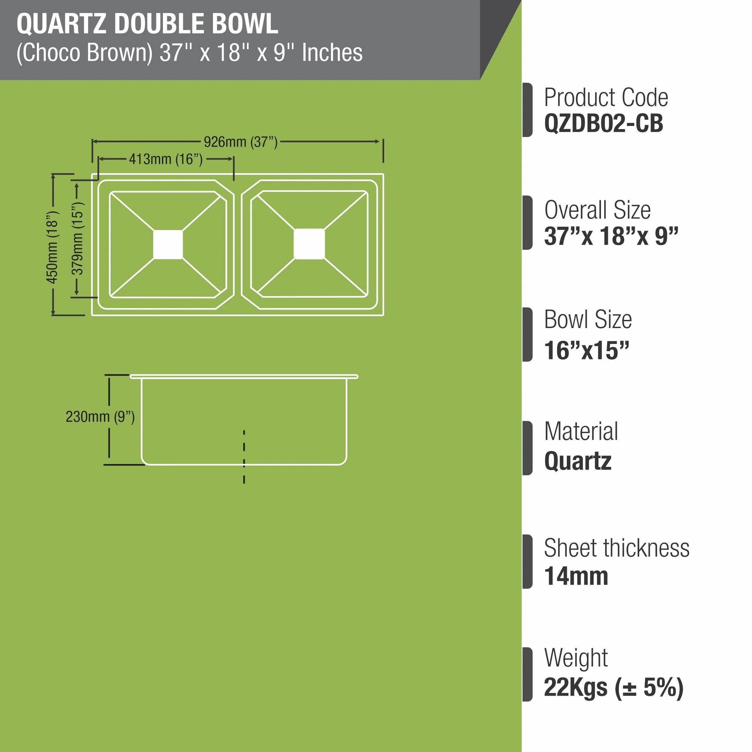 Choco Brown Quartz Double Bowl Kitchen Sink (37 x 18 x 9 Inches) - LIPKA - Image 3