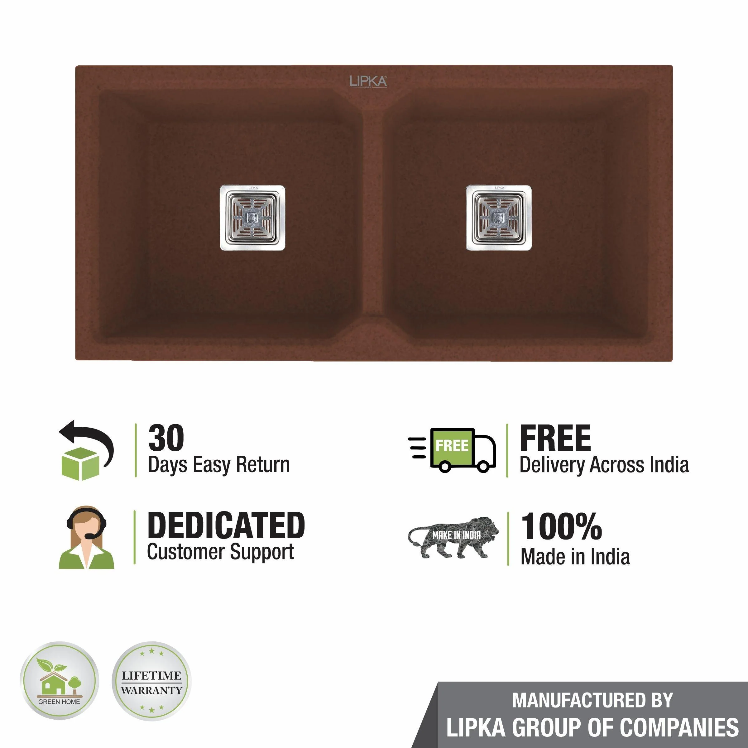 Choco Brown Quartz Double Bowl Kitchen Sink (37 x 18 x 9 Inches) - LIPKA - Image 5