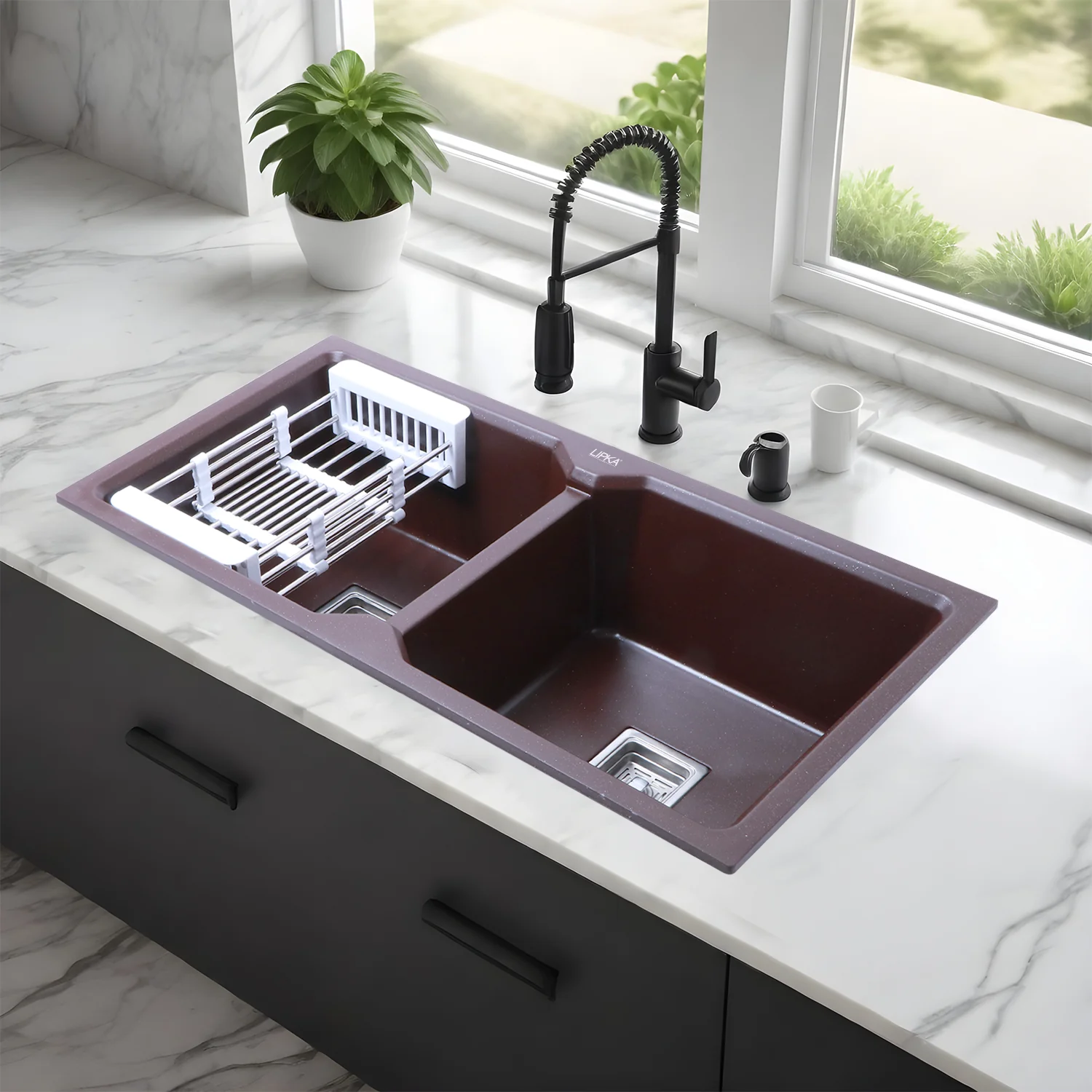 Choco Brown Quartz Double Bowl Kitchen Sink (45 x 20 x 9 Inches) - LIPKA
