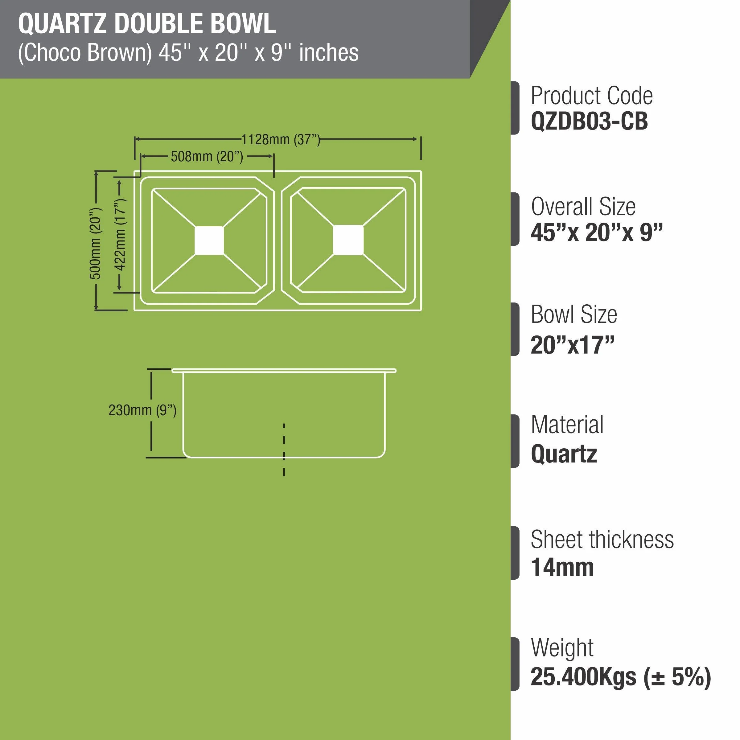 Choco Brown Quartz Double Bowl Kitchen Sink (45 x 20 x 9 Inches) - LIPKA - Image 3