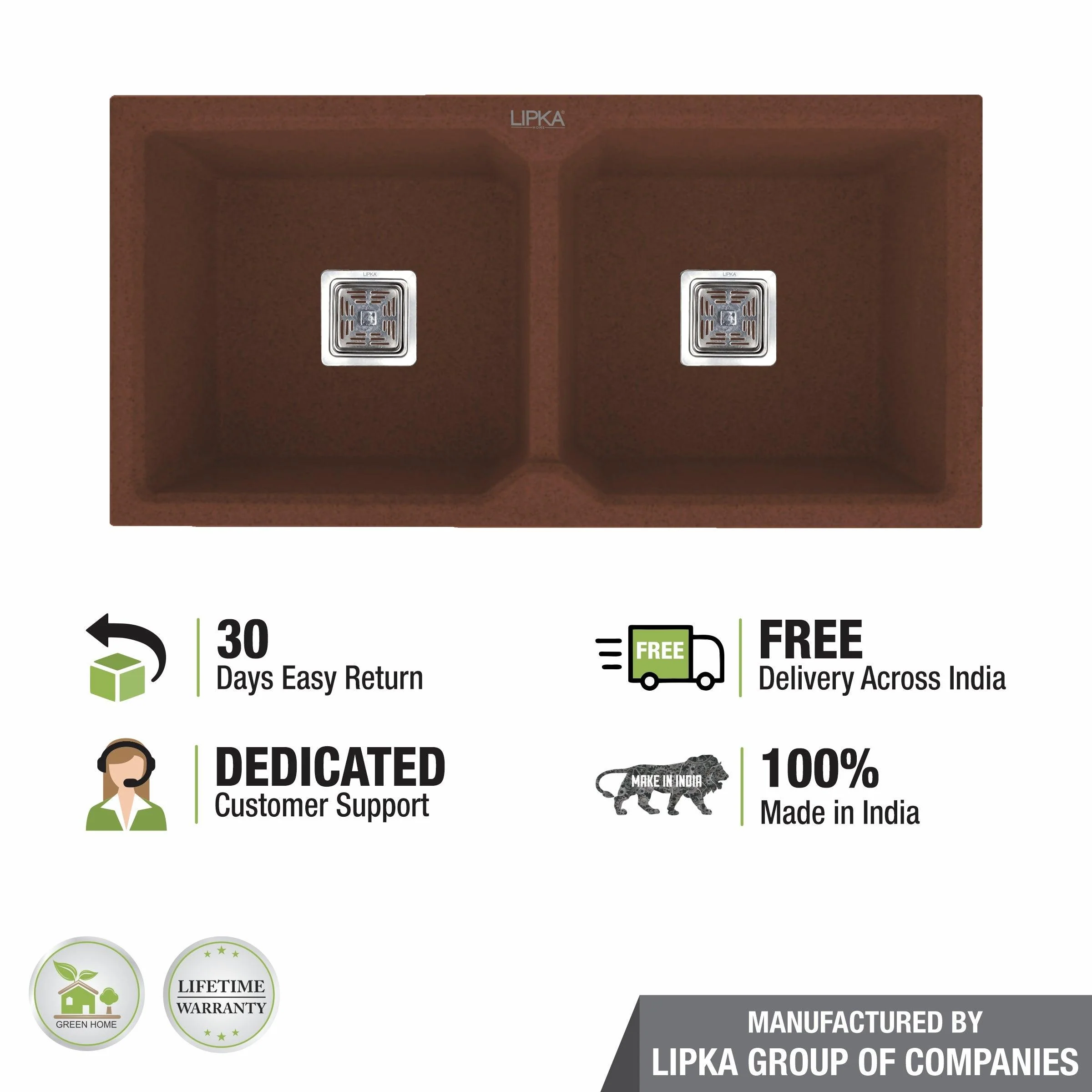 Choco Brown Quartz Double Bowl Kitchen Sink (45 x 20 x 9 Inches) - LIPKA - Image 5