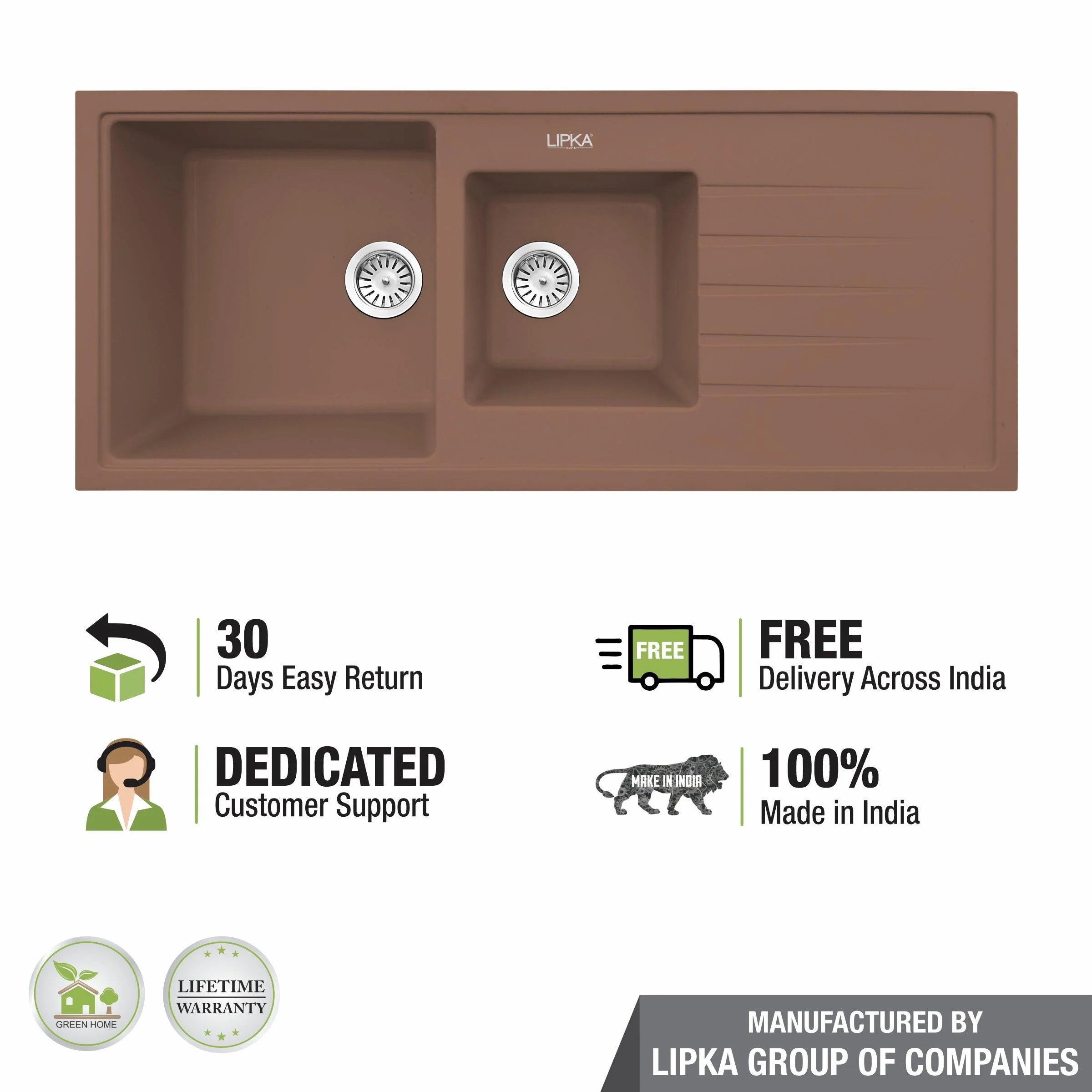 Choco Brown Quartz Double Bowl with Drainboard Kitchen Sink (45 x 20 x 9 Inches) - LIPKA - Image 5