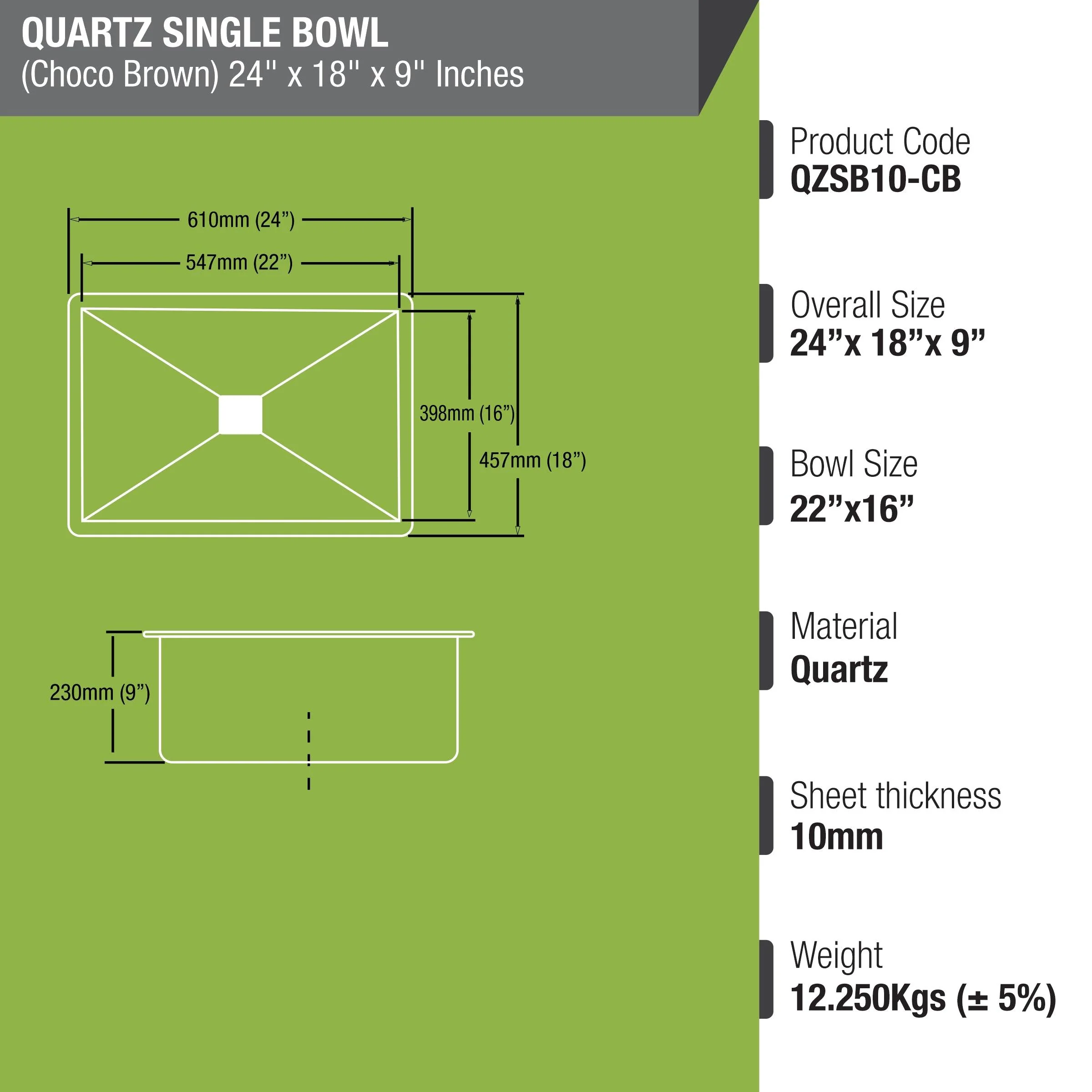 Choco Brown Quartz Single Bowl Kitchen Sink (24 x 18 x 9 Inches) - LIPKA - Image 3