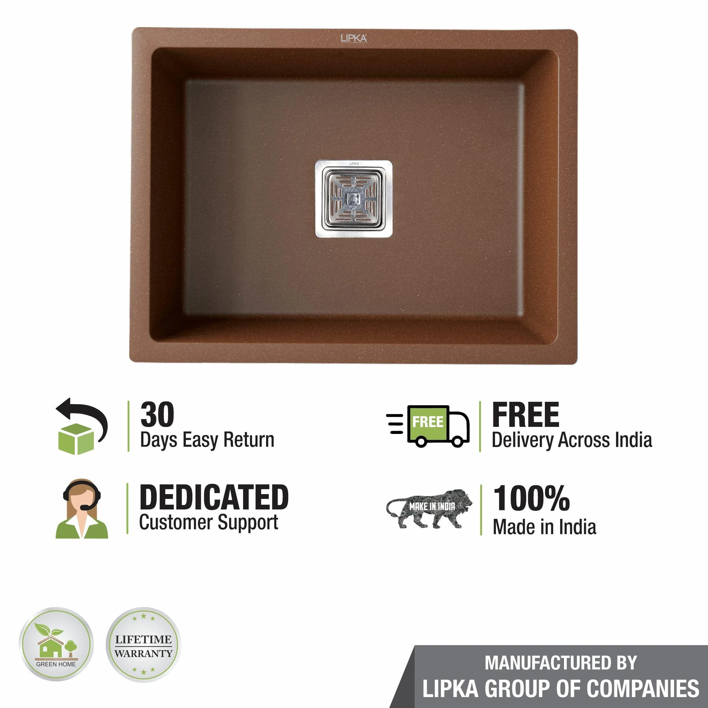 Choco Brown Quartz Single Bowl Kitchen Sink (24 x 18 x 9 Inches) - LIPKA - Image 5