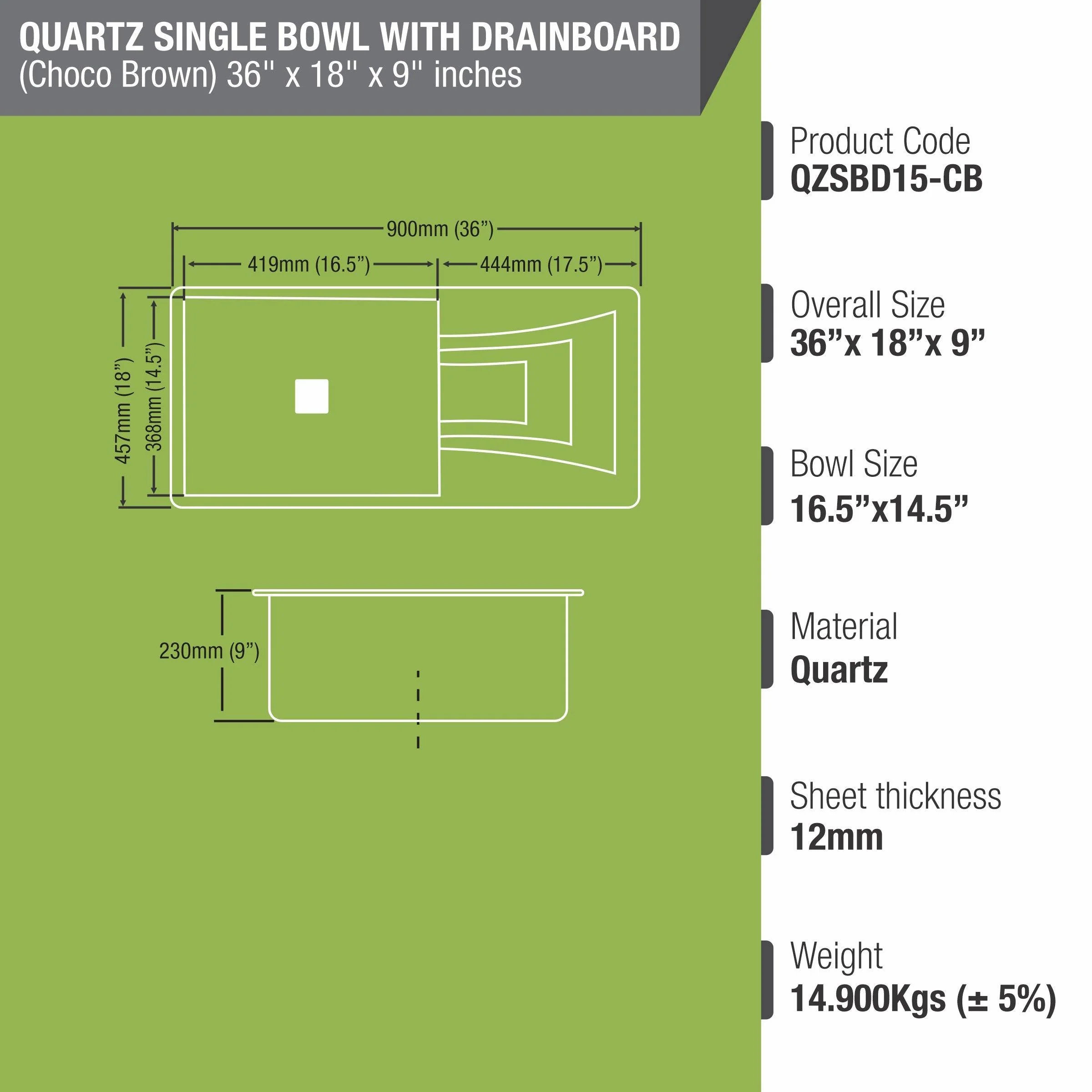 Choco Brown Quartz Single Bowl with Drainboard Kitchen Sink (36 x 18 x 9 Inches) - LIPKA - Image 3