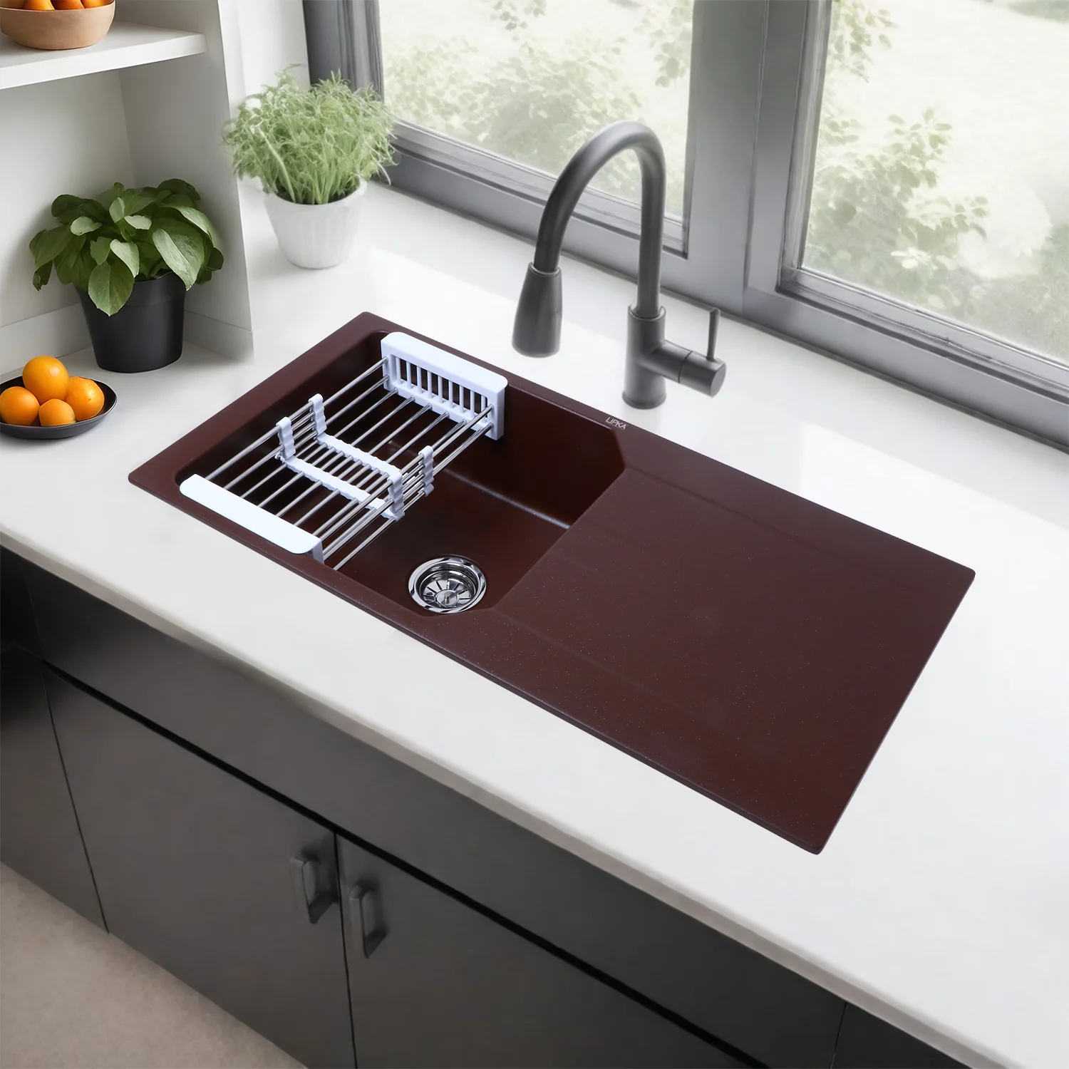 Choco Brown Quartz Single Bowl with Drainboard Kitchen Sink (39 x 20 x 9 Inches) - LIPKA
