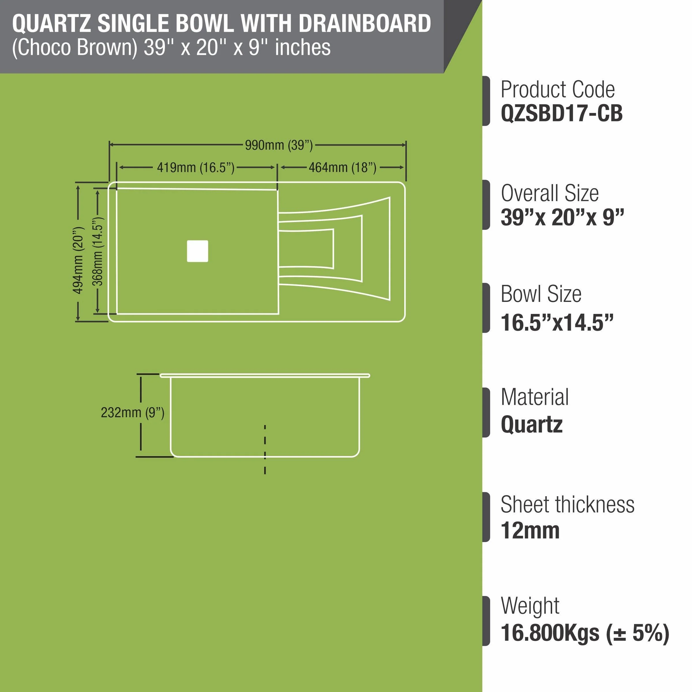 Choco Brown Quartz Single Bowl with Drainboard Kitchen Sink (39 x 20 x 9 Inches) - LIPKA - Image 3