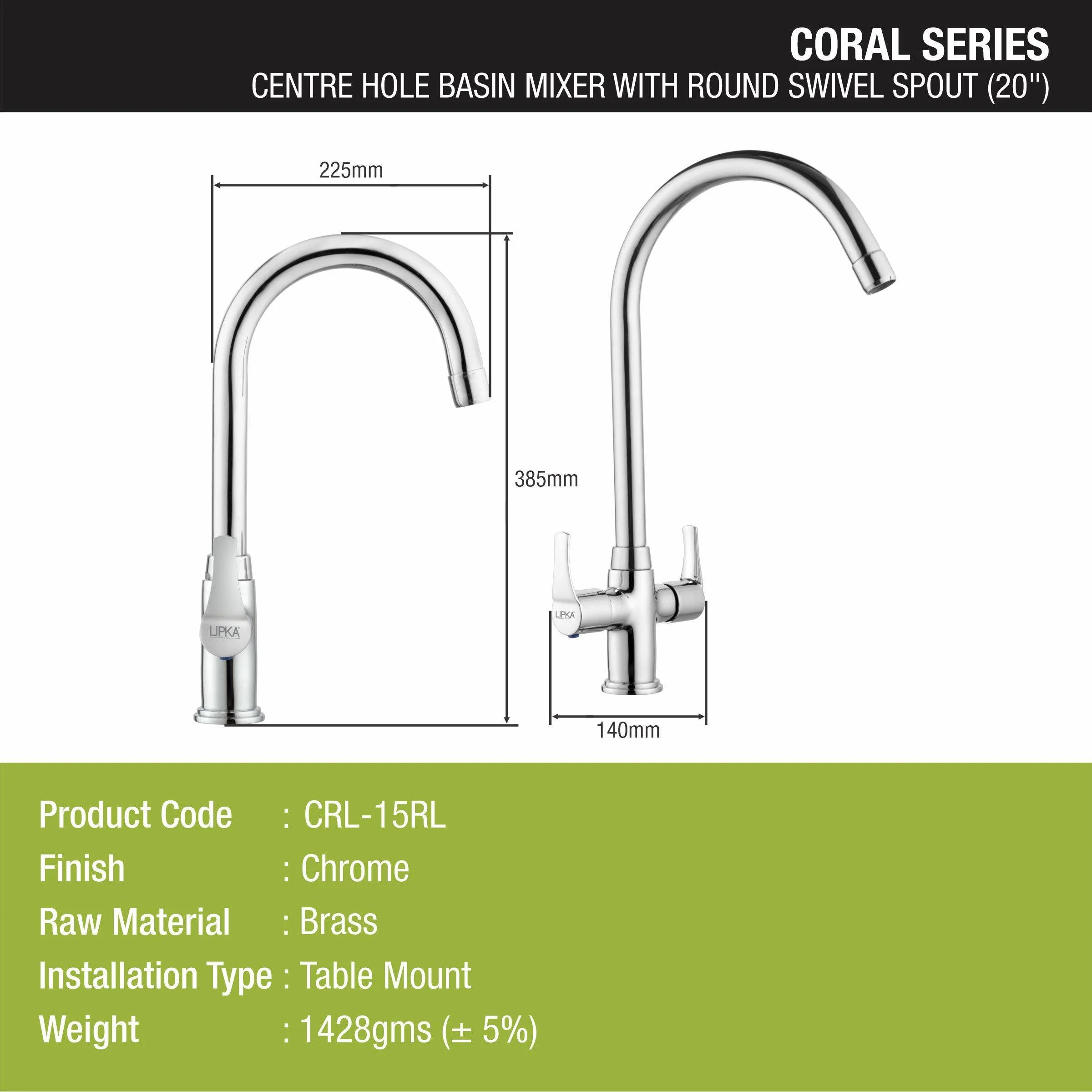 Coral Centre Hole Basin Mixer Brass Faucet with Round Swivel Spout (20 Inches) - LIPKA - Image 2