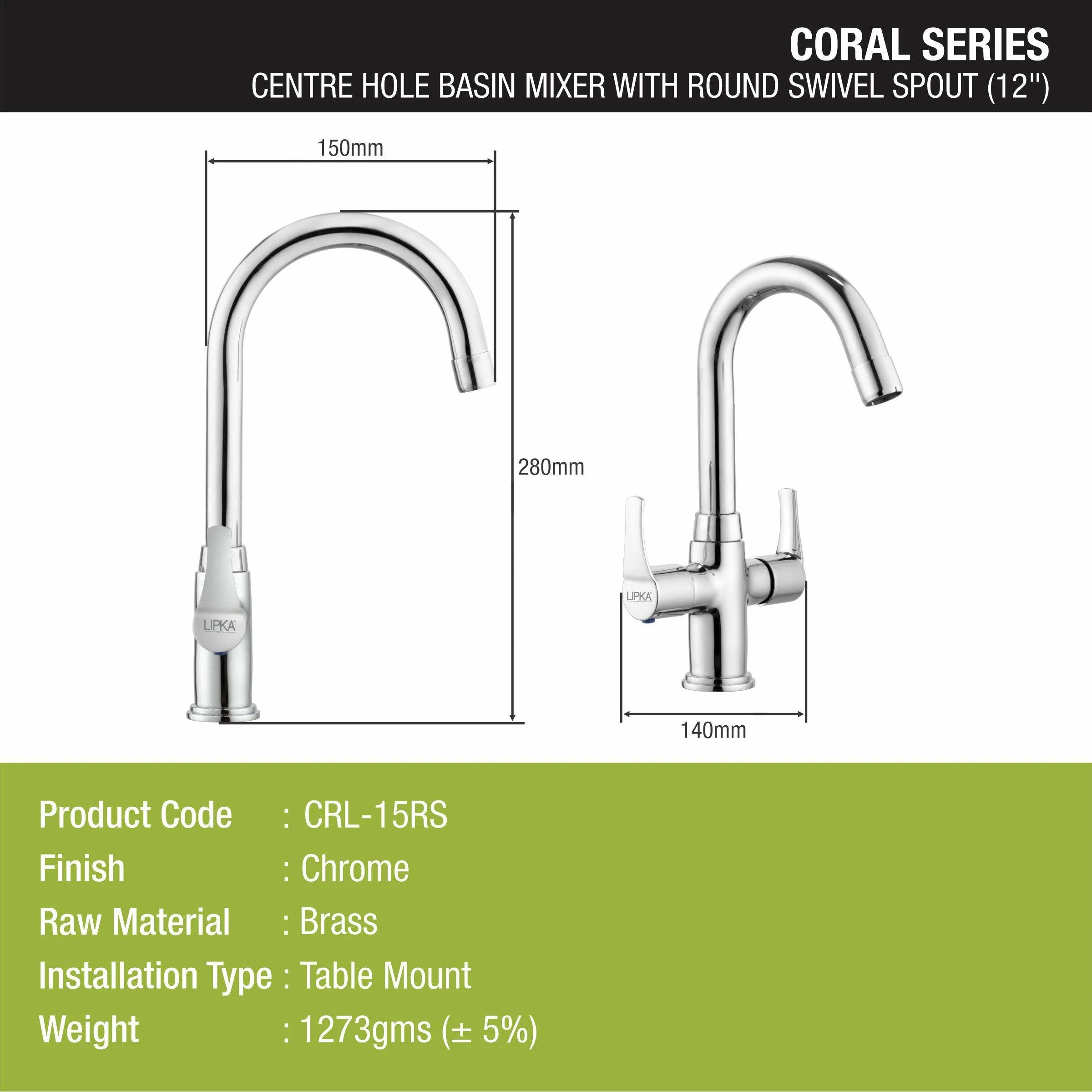 Coral Centre Hole Basin Mixer Brass Faucet with Round Swivel Spout (12 Inches) - LIPKA - Image 2