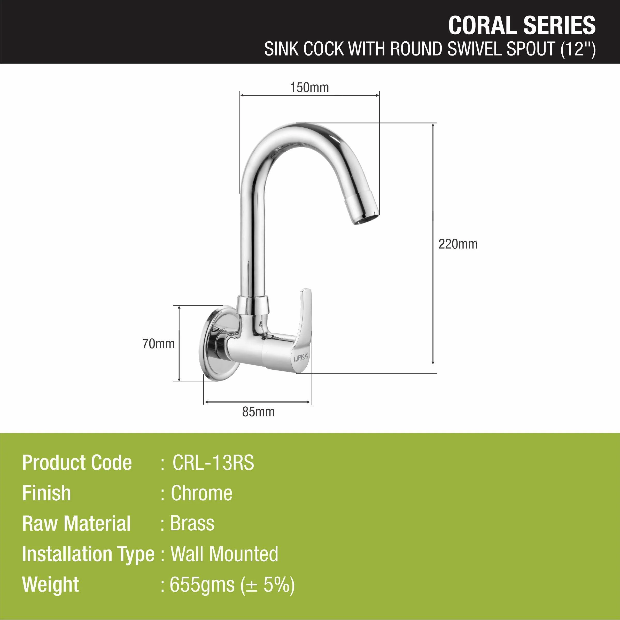 Coral  Sink Tap Brass Faucet with Round Swivel Spout (12 Inches) - LIPKA - Image 2