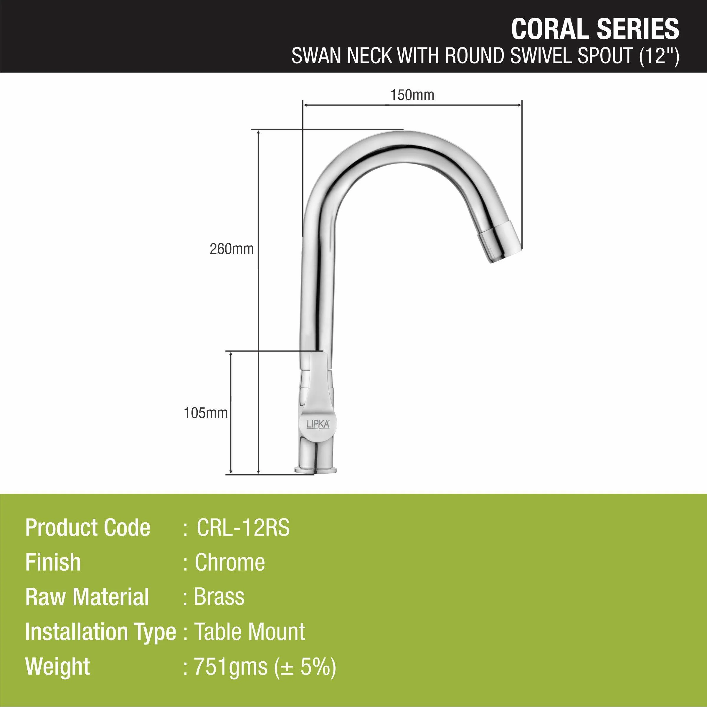 Coral  Swan Neck Brass Faucet with Round Swivel Spout (12 Inches) - LIPKA - Image 2