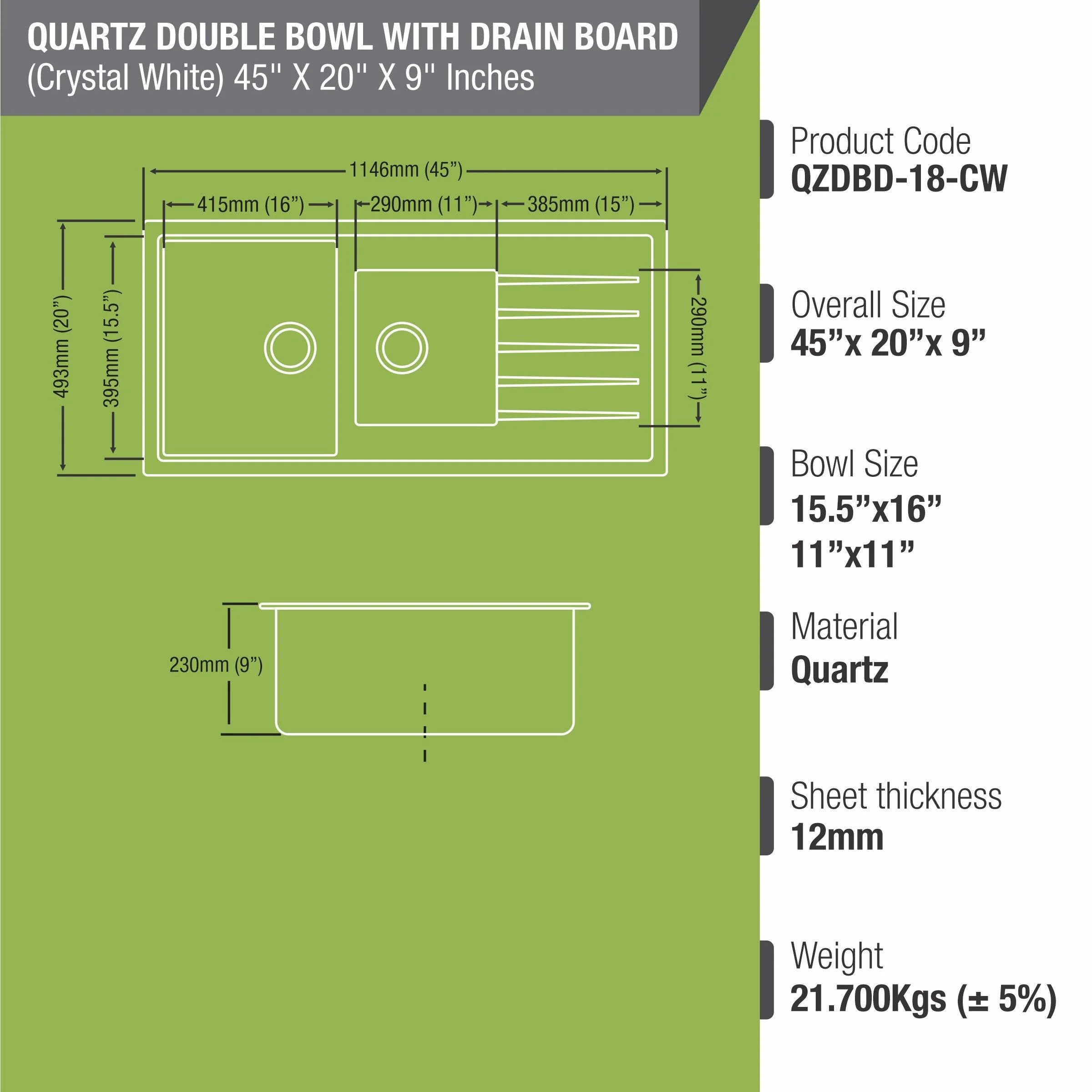 Crystal White Double Bowl with Drainboard Kitchen Sink (45 x 20 x 9 Inches) - LIPKA - Image 3
