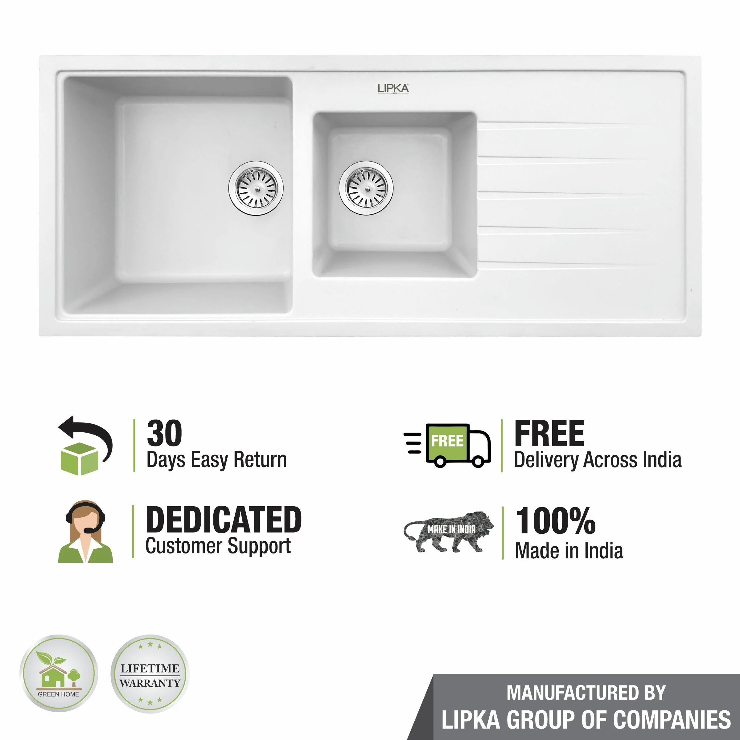 Crystal White Double Bowl with Drainboard Kitchen Sink (45 x 20 x 9 Inches) - LIPKA - Image 5