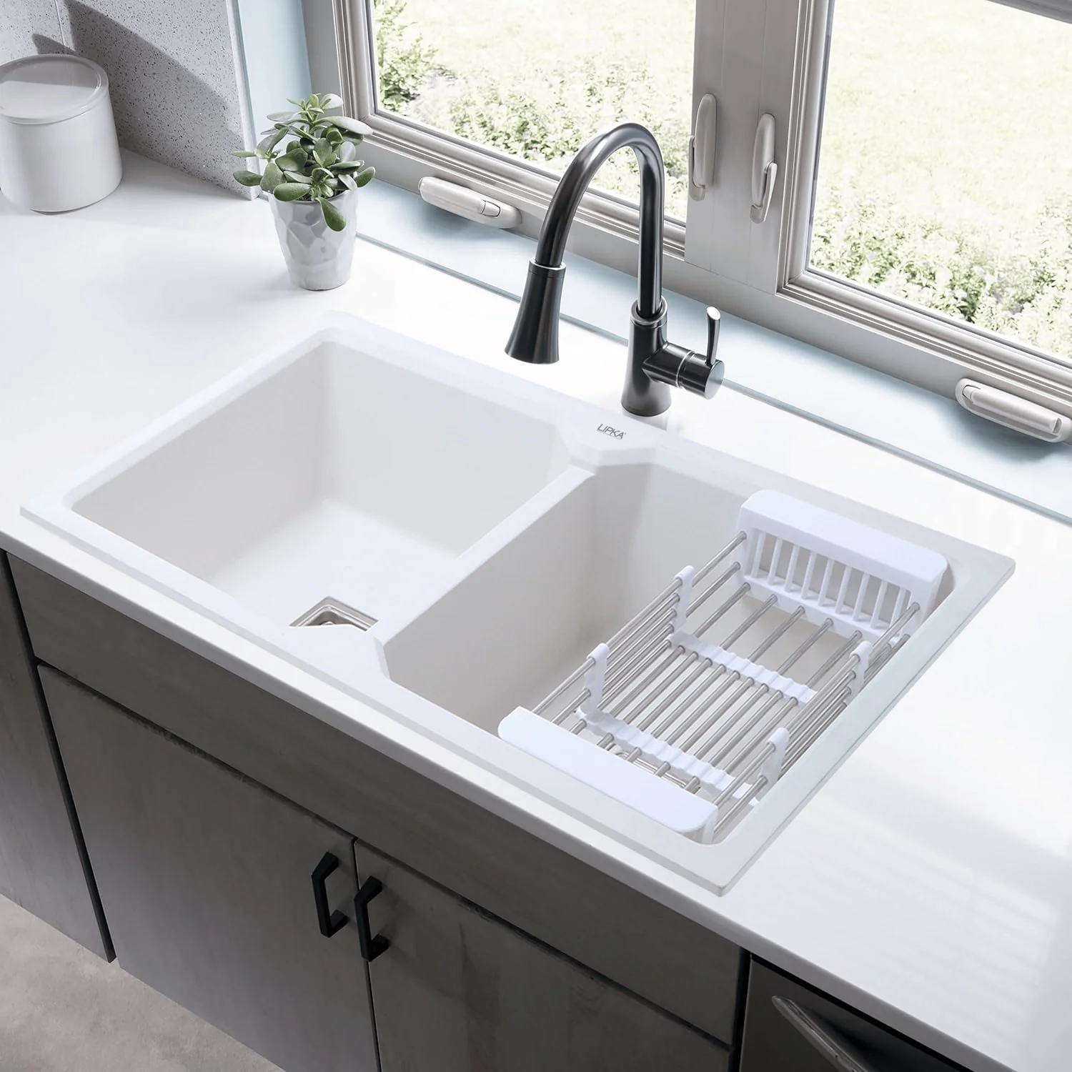 Crystal White Quartz Double Bowl Kitchen Sink (37 x 18 x 9 Inches) - LIPKA