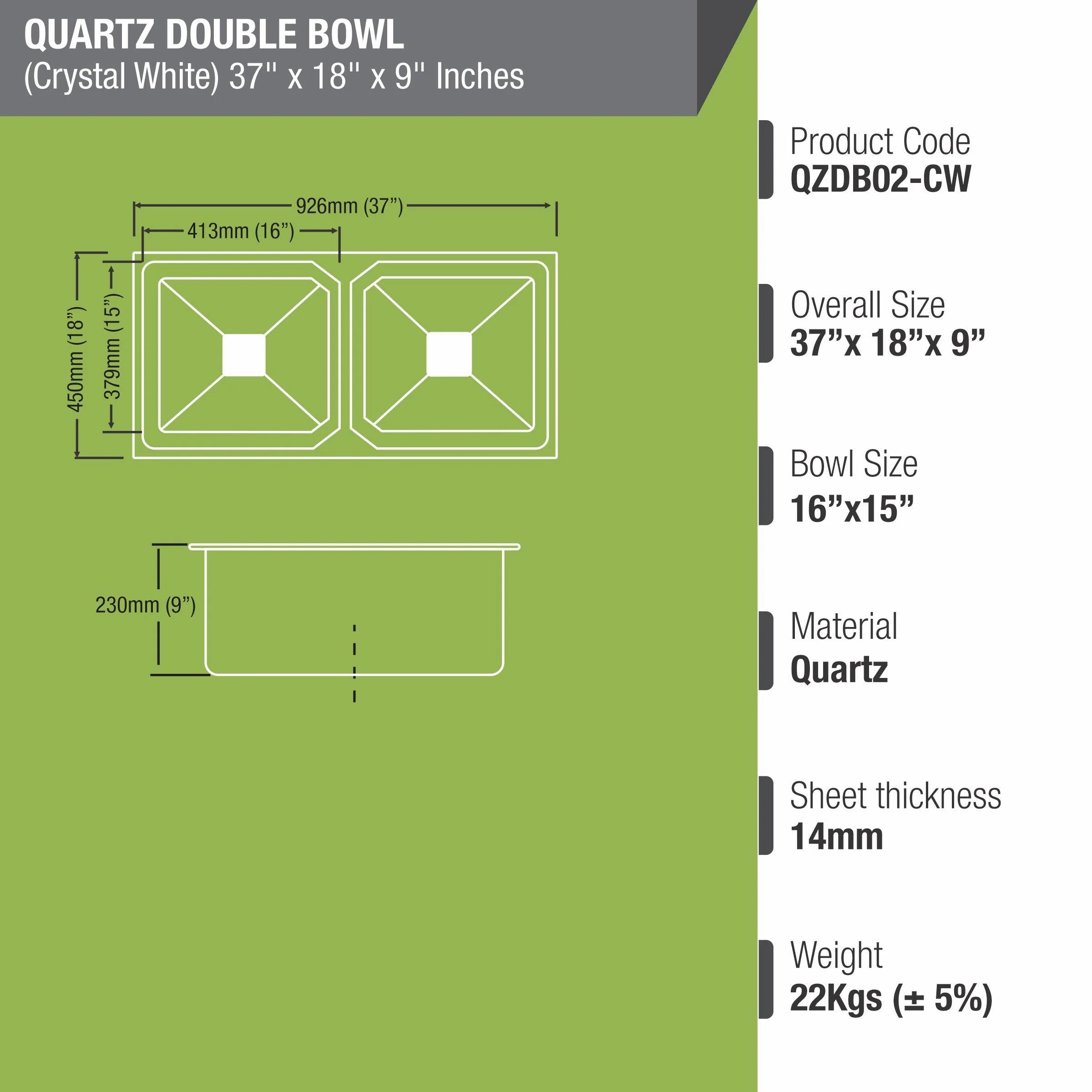 Crystal White Quartz Double Bowl Kitchen Sink (37 x 18 x 9 Inches) - LIPKA - Image 3