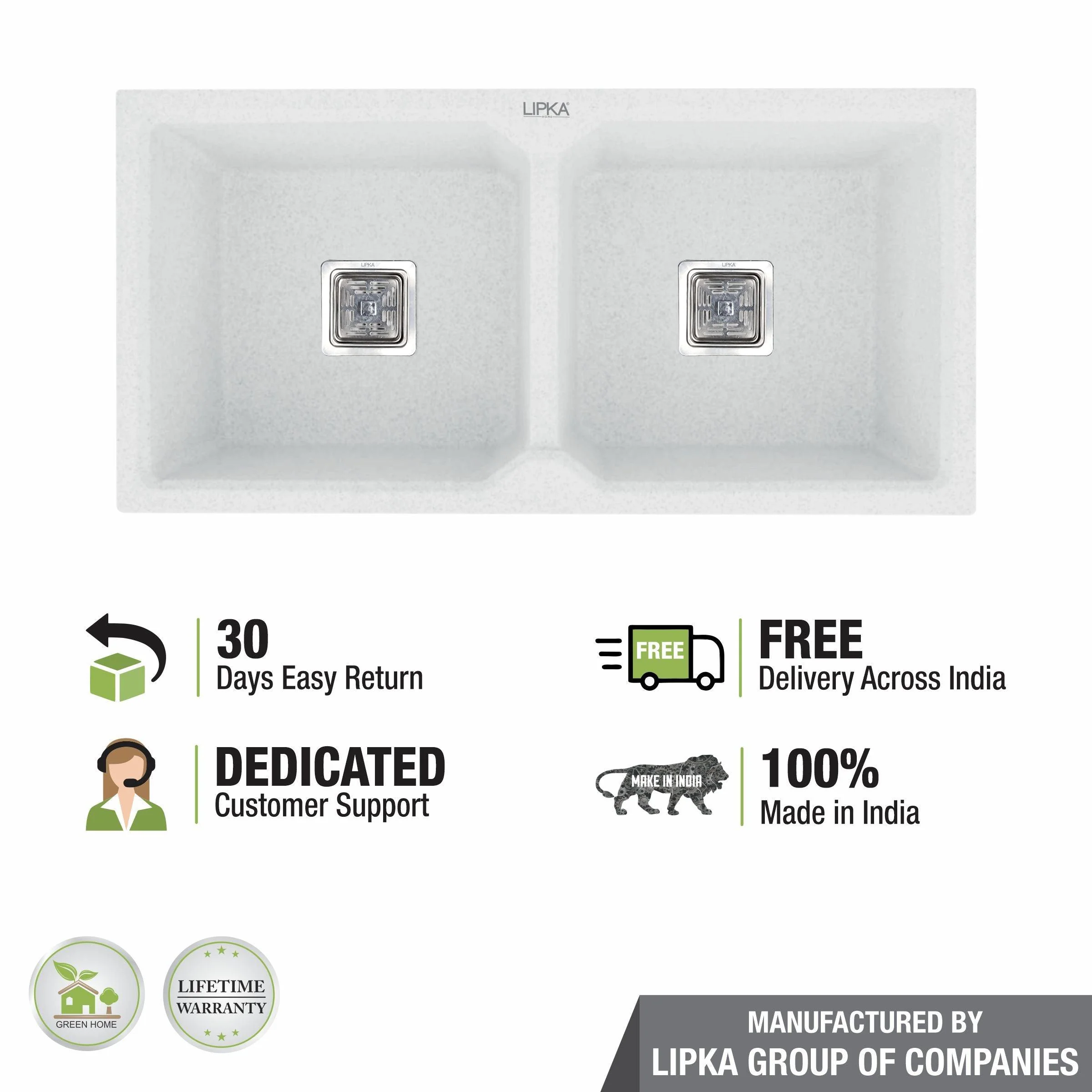 Crystal White Quartz Double Bowl Kitchen Sink (37 x 18 x 9 Inches) - LIPKA - Image 5