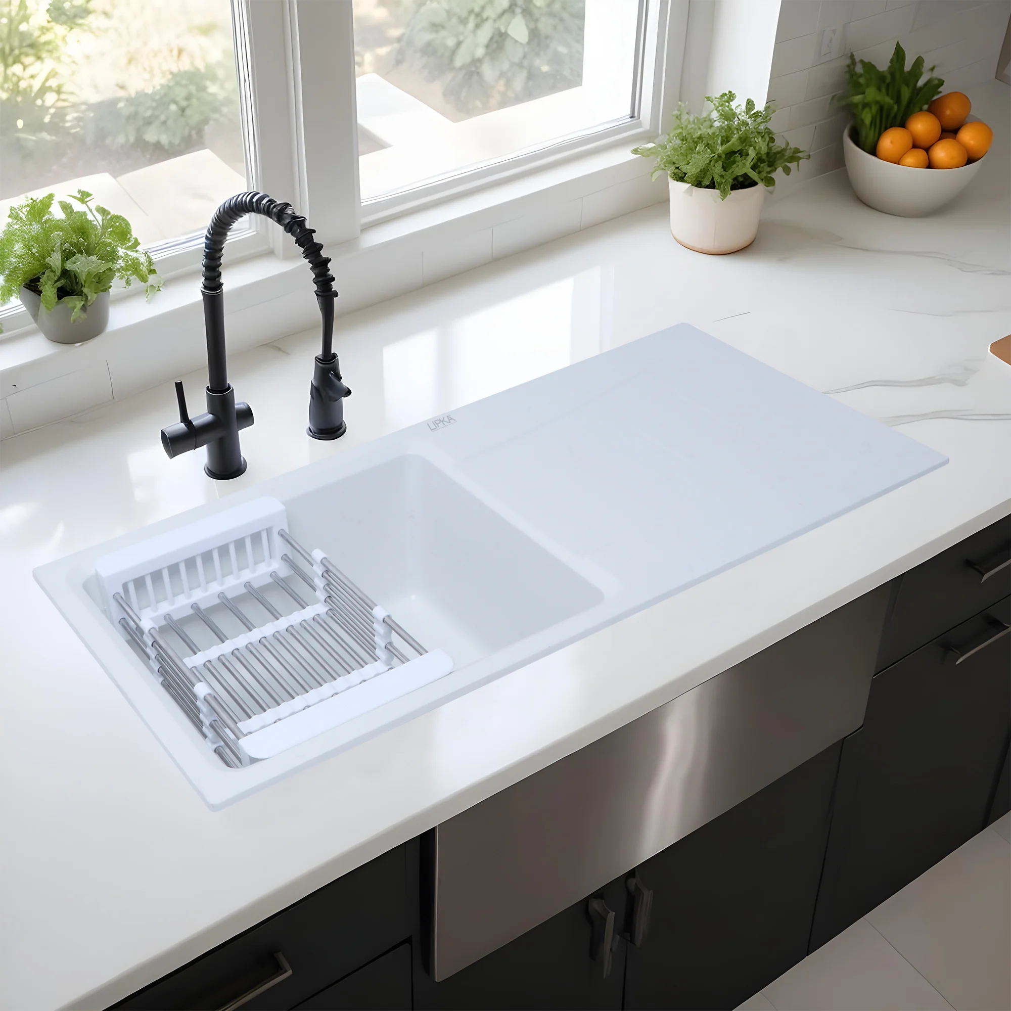 Crystal White Quartz Single Bowl with Drainboard Kitchen Sink (36 x 18 x 9 Inches) - LIPKA