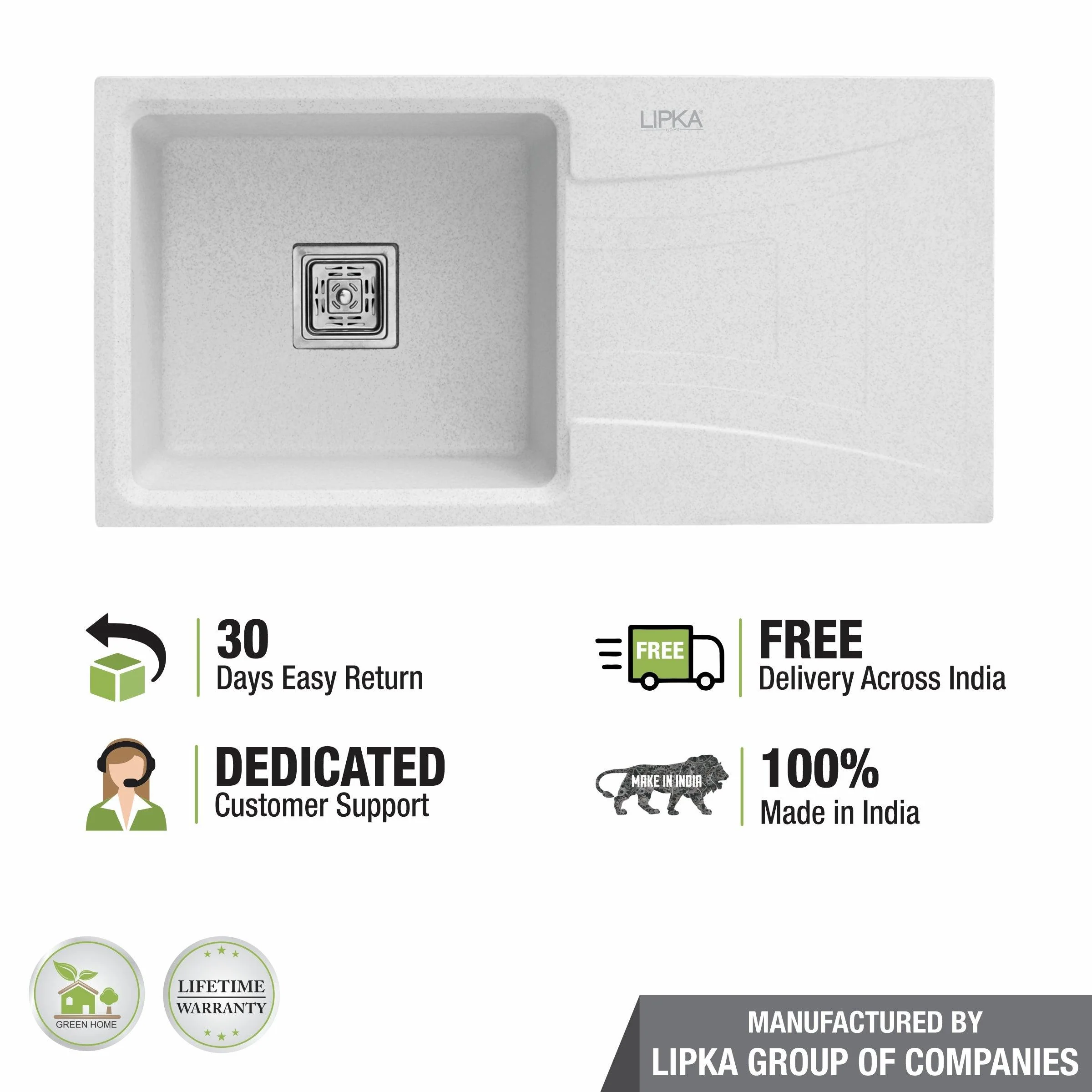 Crystal White Quartz Single Bowl with Drainboard Kitchen Sink (36 x 18 x 9 Inches) - LIPKA - Image 5