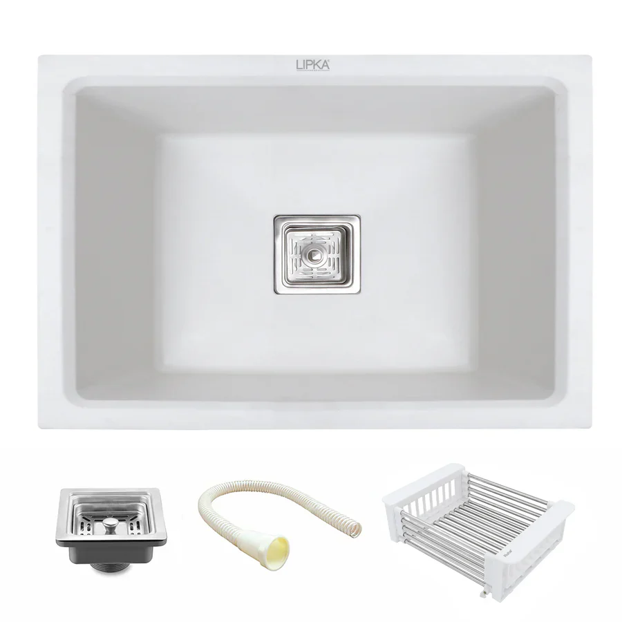 Crystal White Quartz Single Bowl Kitchen Sink (24 x 18 x 9 Inches) - LIPKA - Image 2