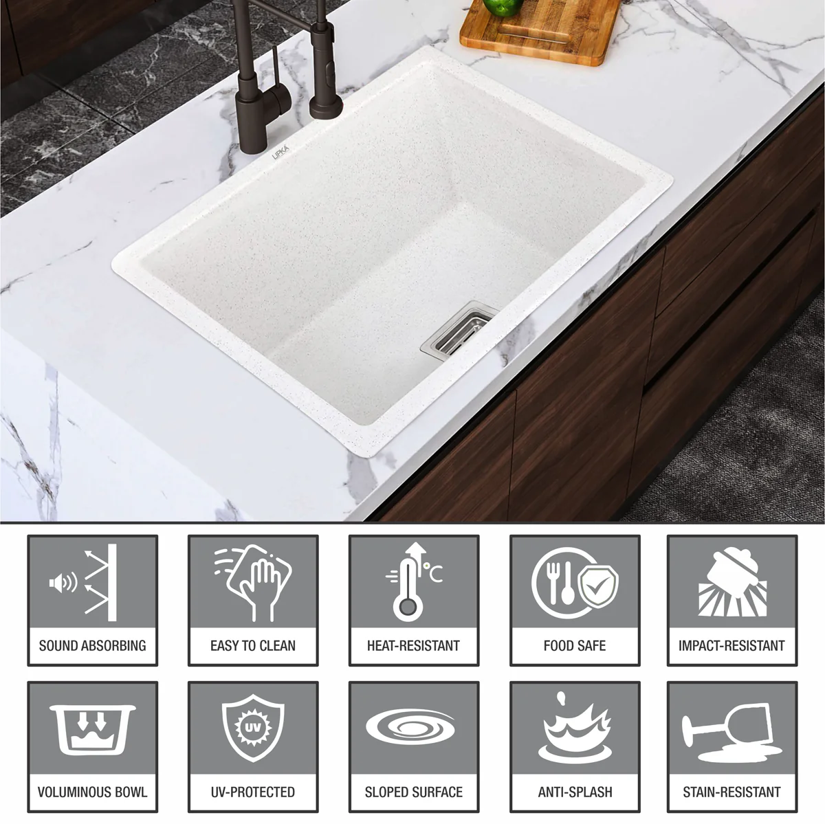Crystal White Quartz Single Bowl Kitchen Sink (24 x 18 x 9 Inches) - LIPKA - Image 5