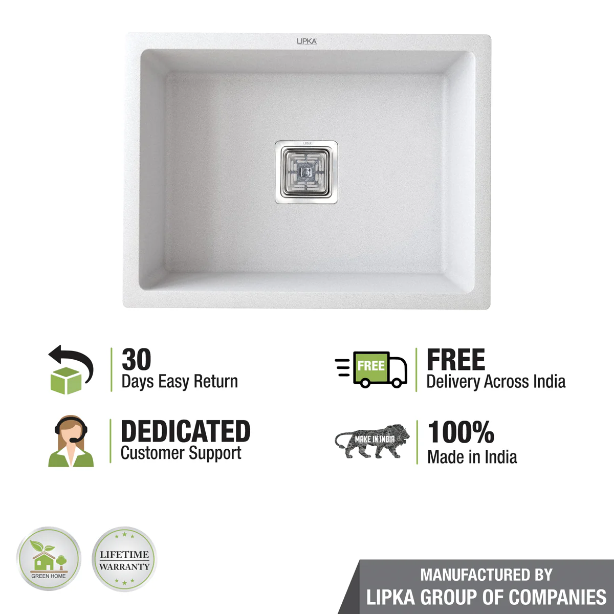 Crystal White Quartz Single Bowl Kitchen Sink (24 x 18 x 9 Inches) - LIPKA - Image 6