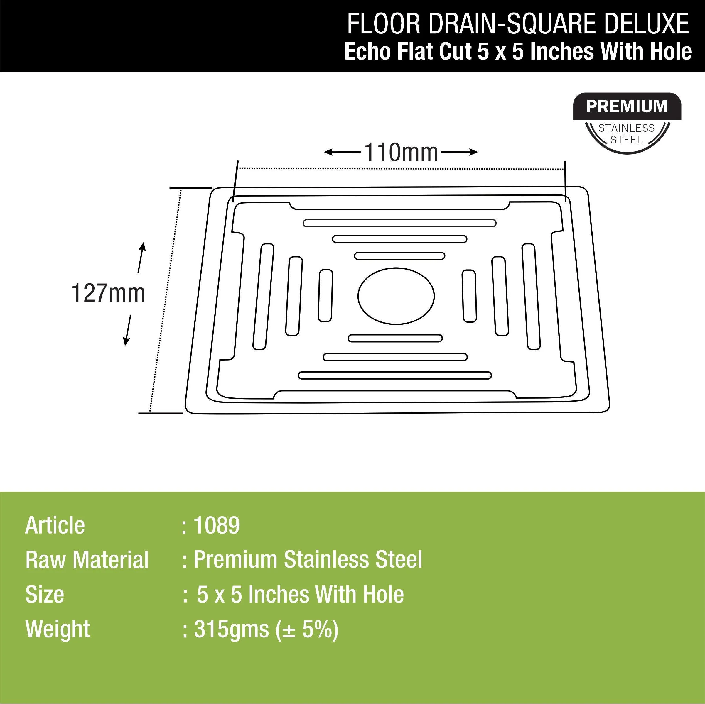Echo Square Deluxe Flat Cut Floor Drain (5 x 5 Inches) with Hole- LIPKA - Image 2