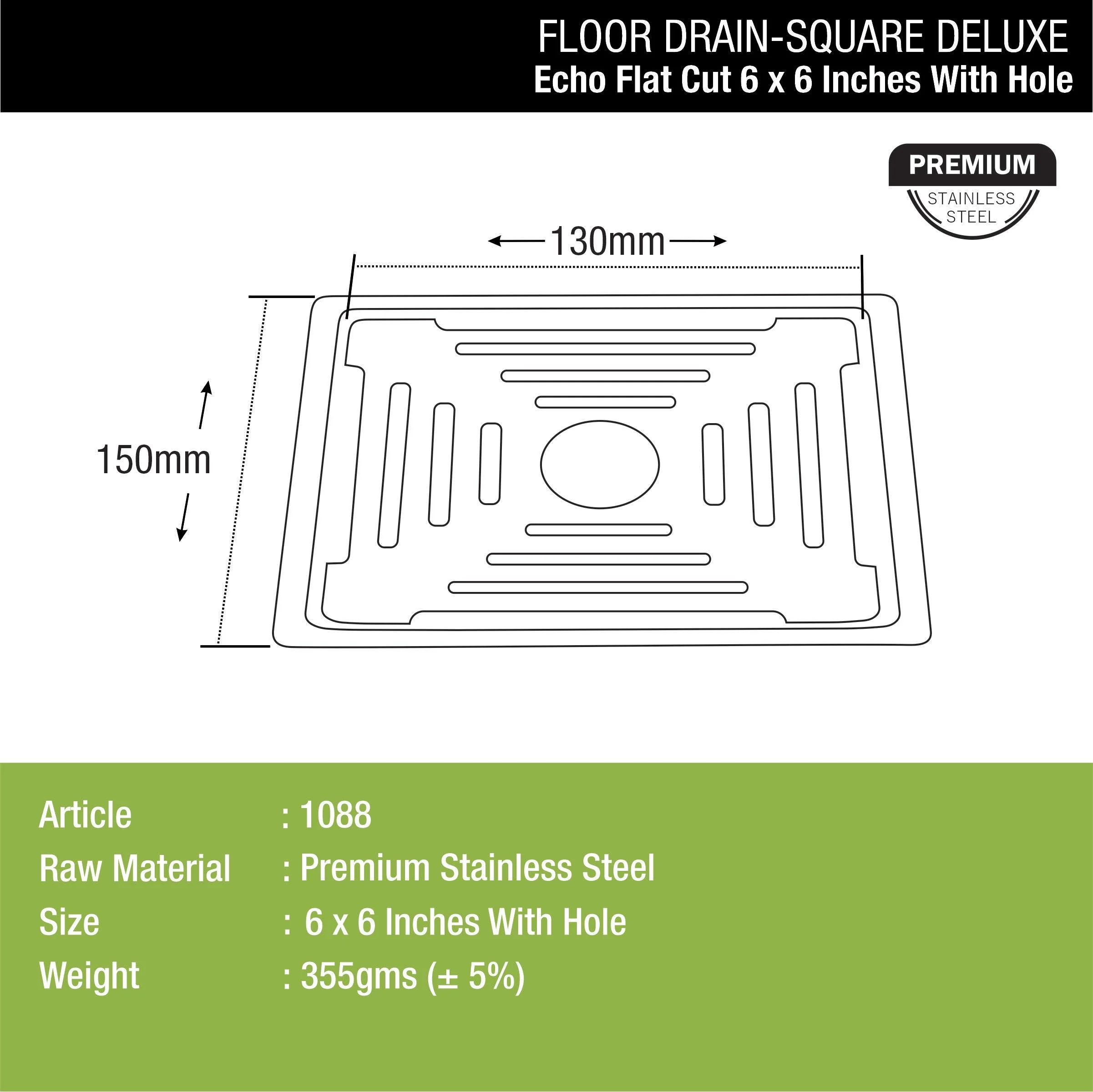 Echo Square Deluxe Flat Cut Floor Drain (6 x 6 Inches) with Hole- LIPKA - Image 2