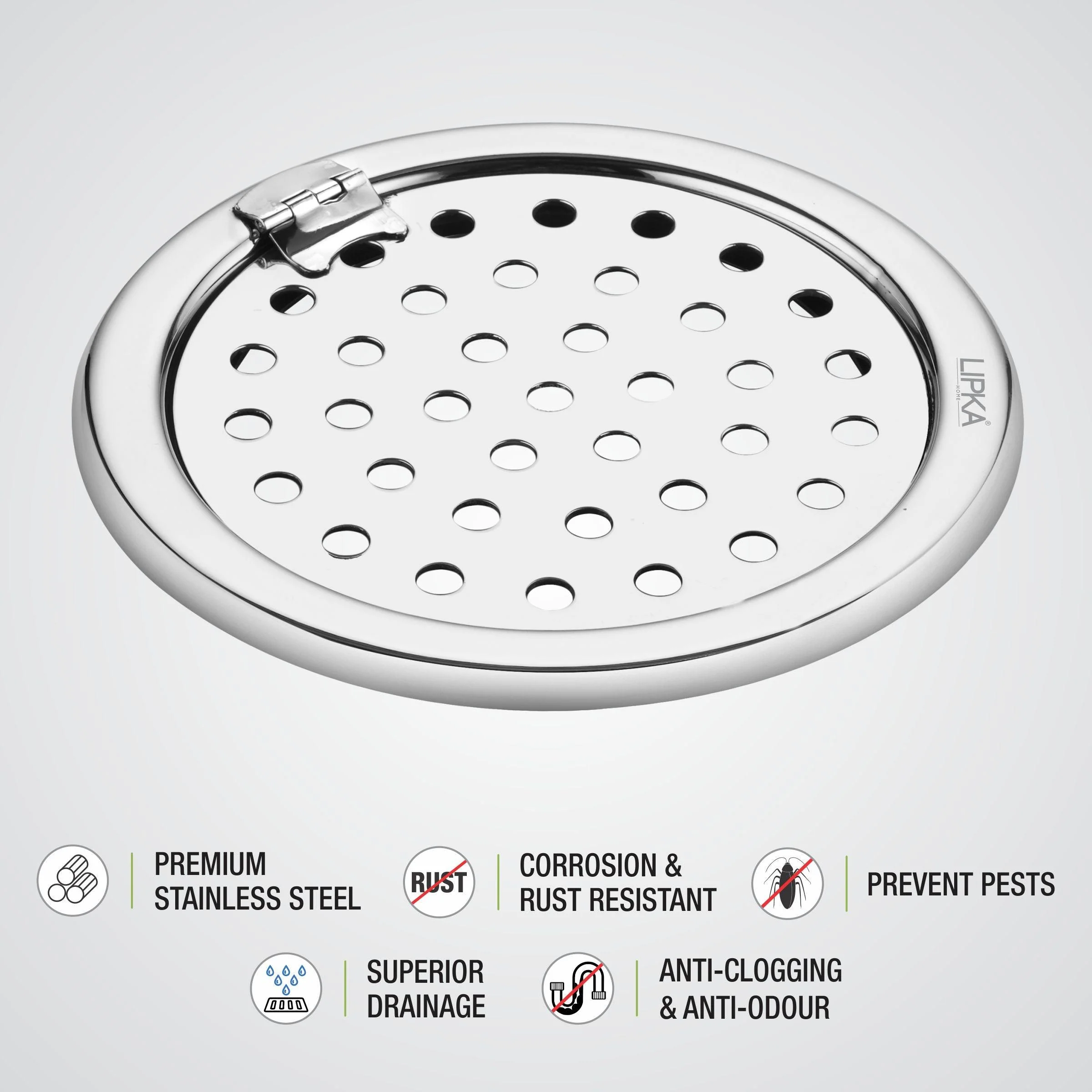 Eon Round Floor Drain with Plain Jali & Hinge (5 inches) - LIPKA - Image 3