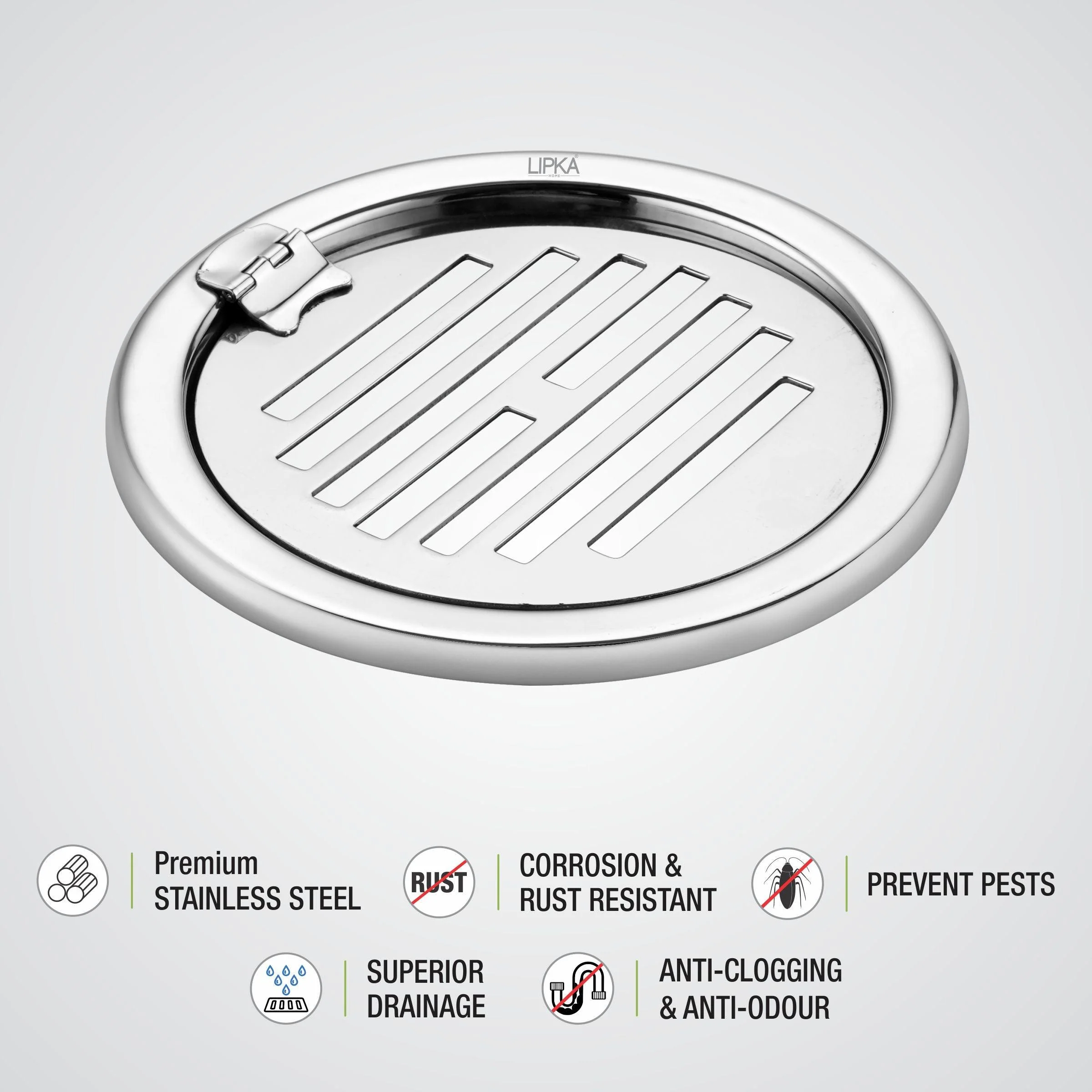 Eon Round Floor Drain with Golden Classic Jali & Hinge (5 inches) - LIPKA - Image 3