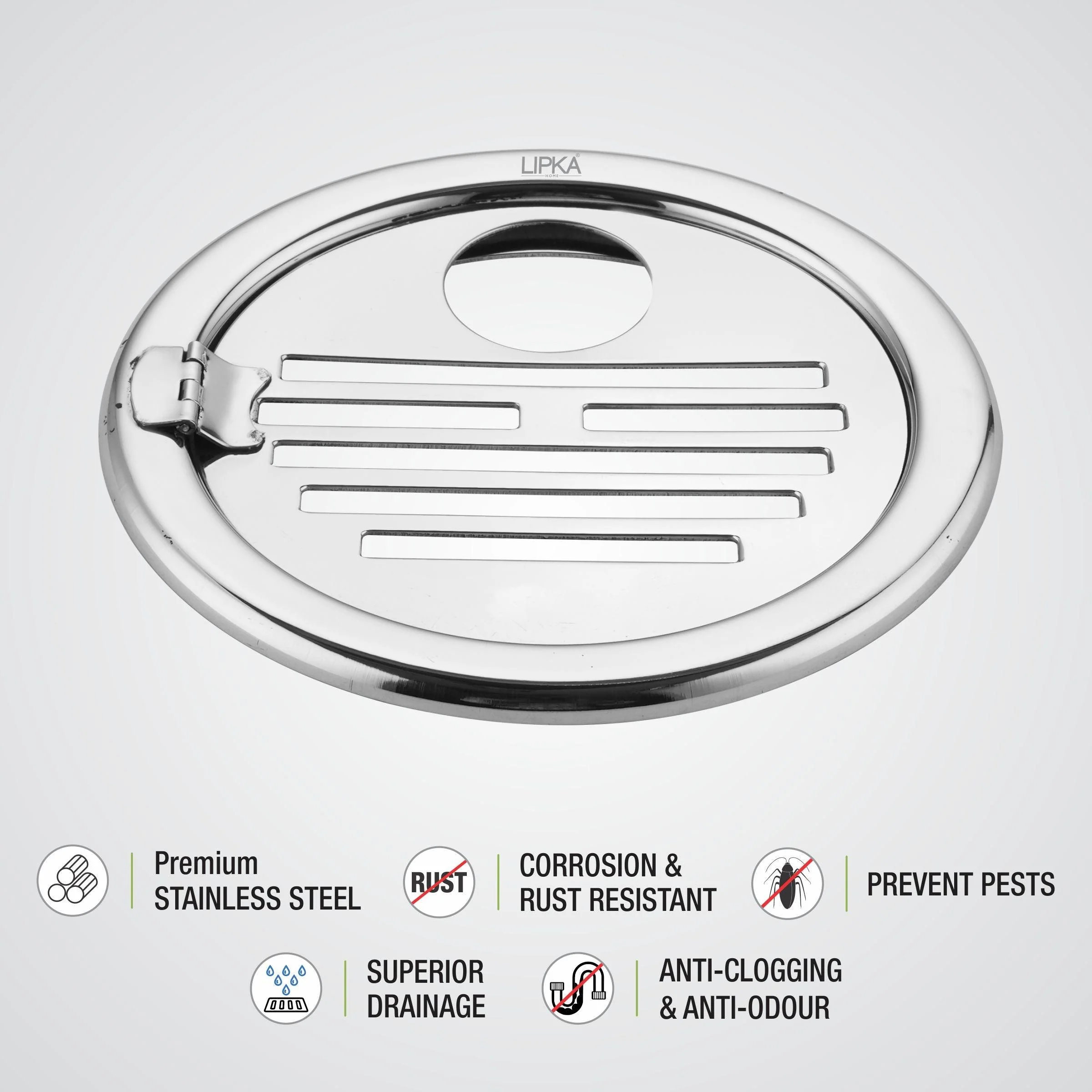 Eon Round Floor Drain with Golden Classic Jali, Hinge & Hole (5 inches) - LIPKA - Image 3
