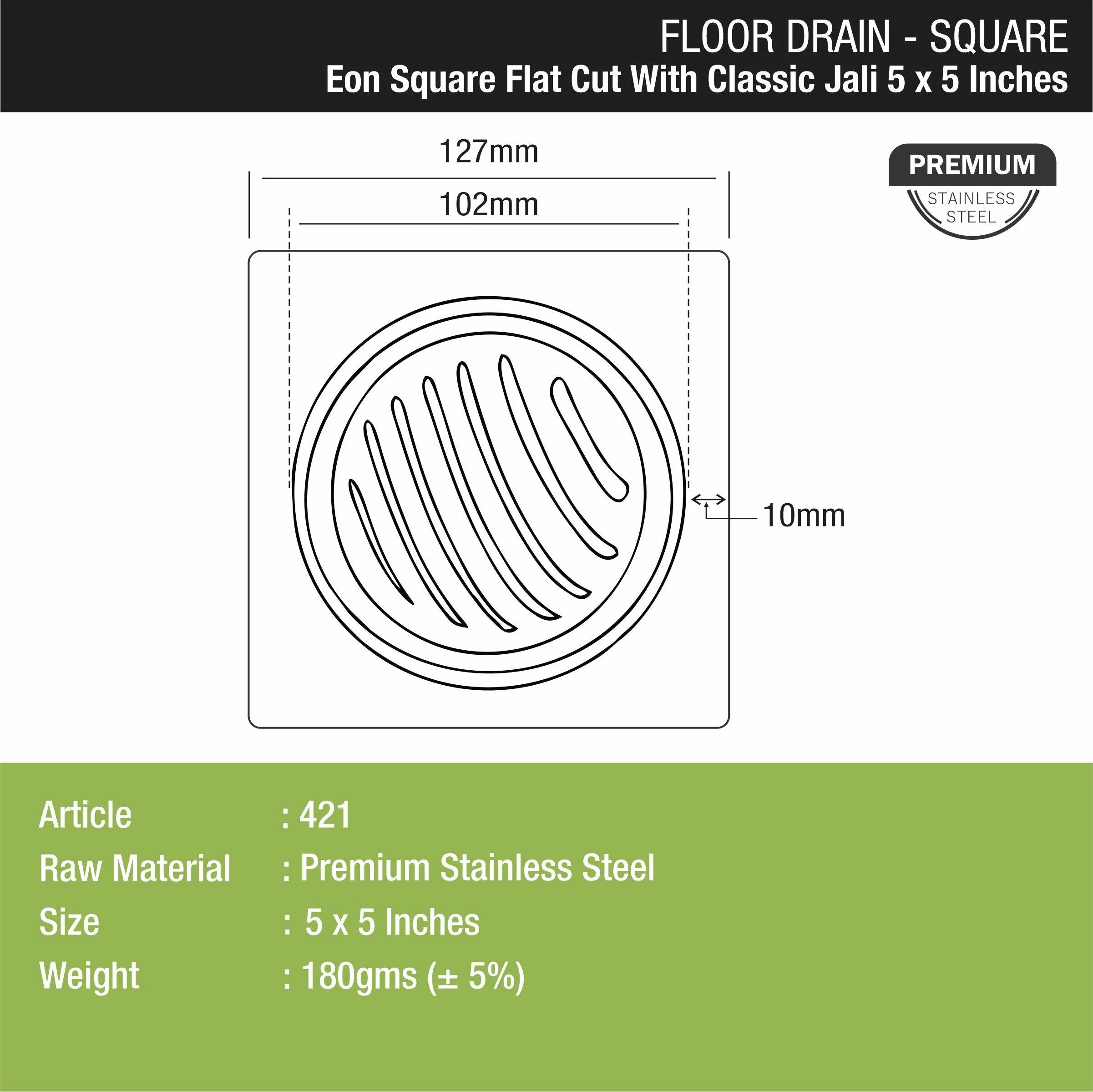 Eon Square Flat Cut Floor Drain with Classic Jali (5 x 5 Inches) - LIPKA - Image 2