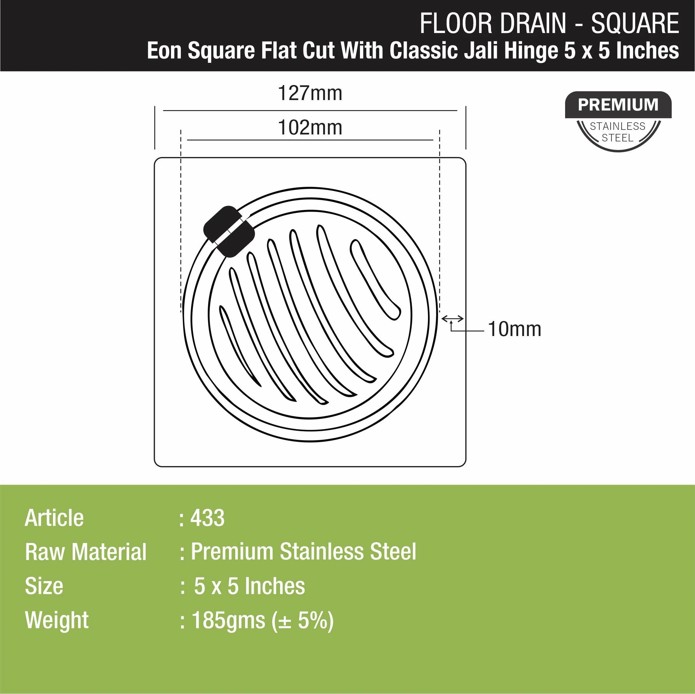 Eon Square Flat Cut Floor Drain with Classic Jali and Hinge (5 x 5 Inches) - LIPKA - Image 2