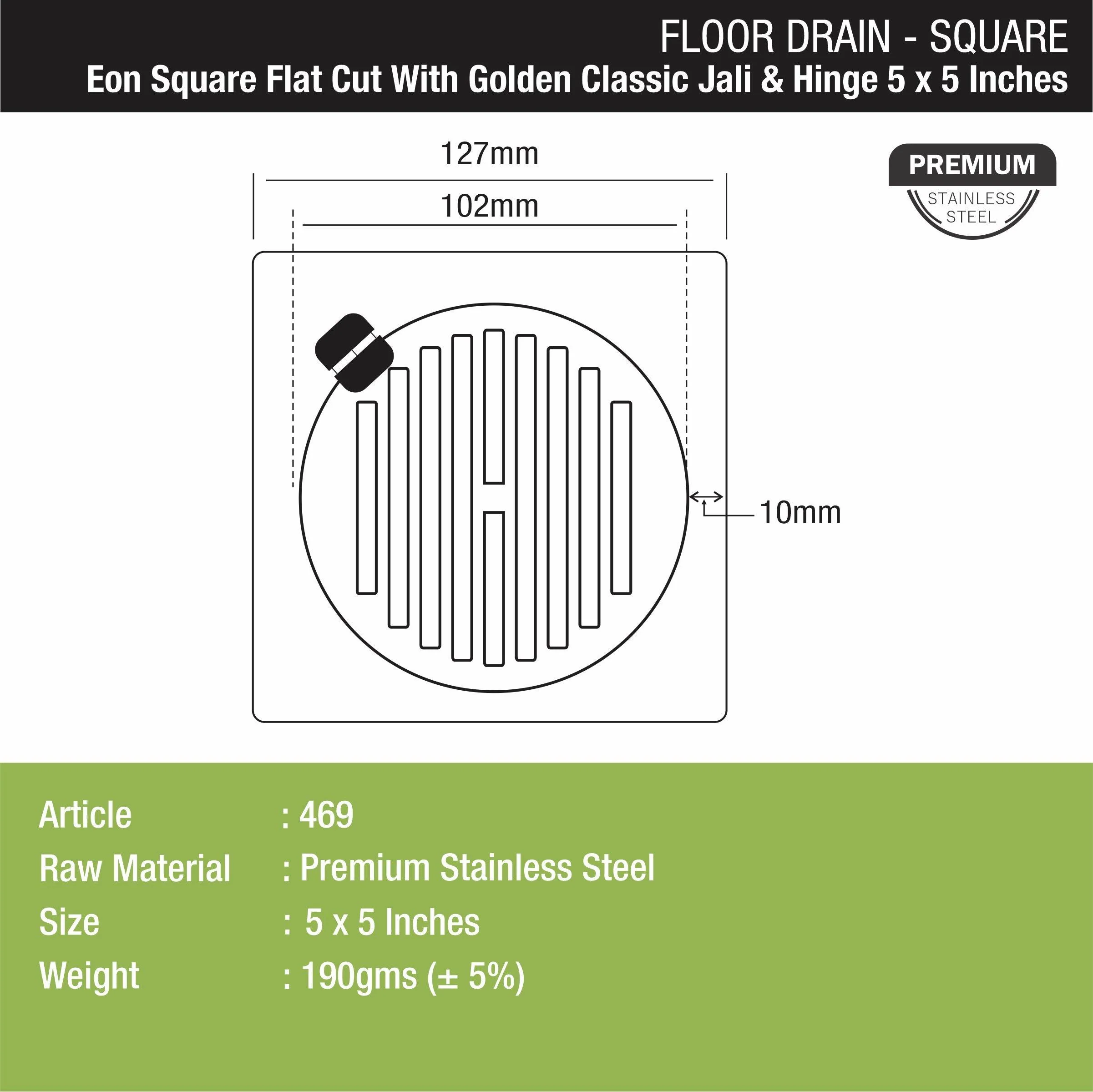 Eon Square Flat Cut Floor Drain with Golden Classic Jali and Hinge (5 x 5 Inches) - LIPKA - Image 2