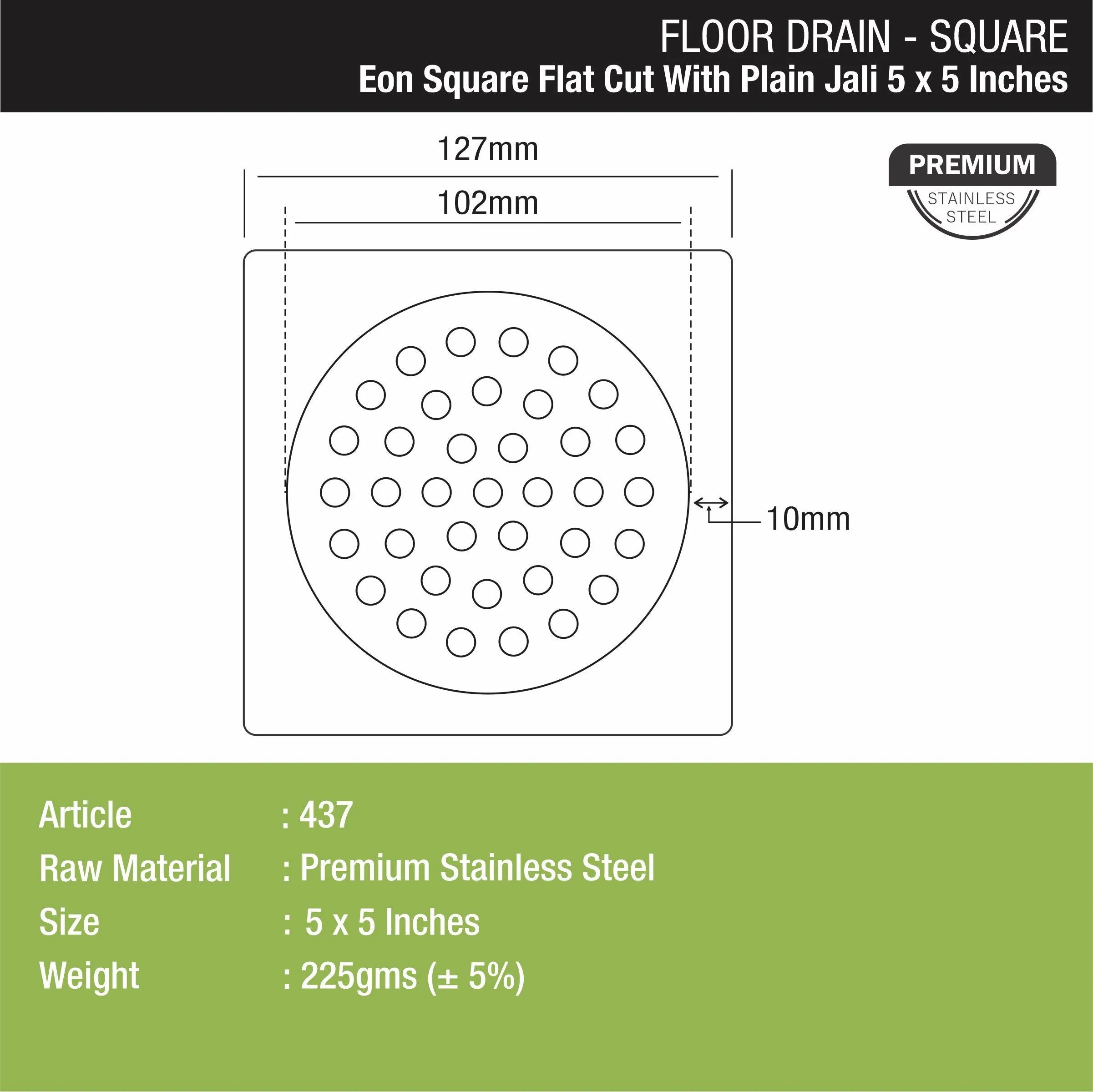 Eon Square Flat Cut  Floor Drain with Plain Jali (5 x 5 Inches) - LIPKA - Image 2