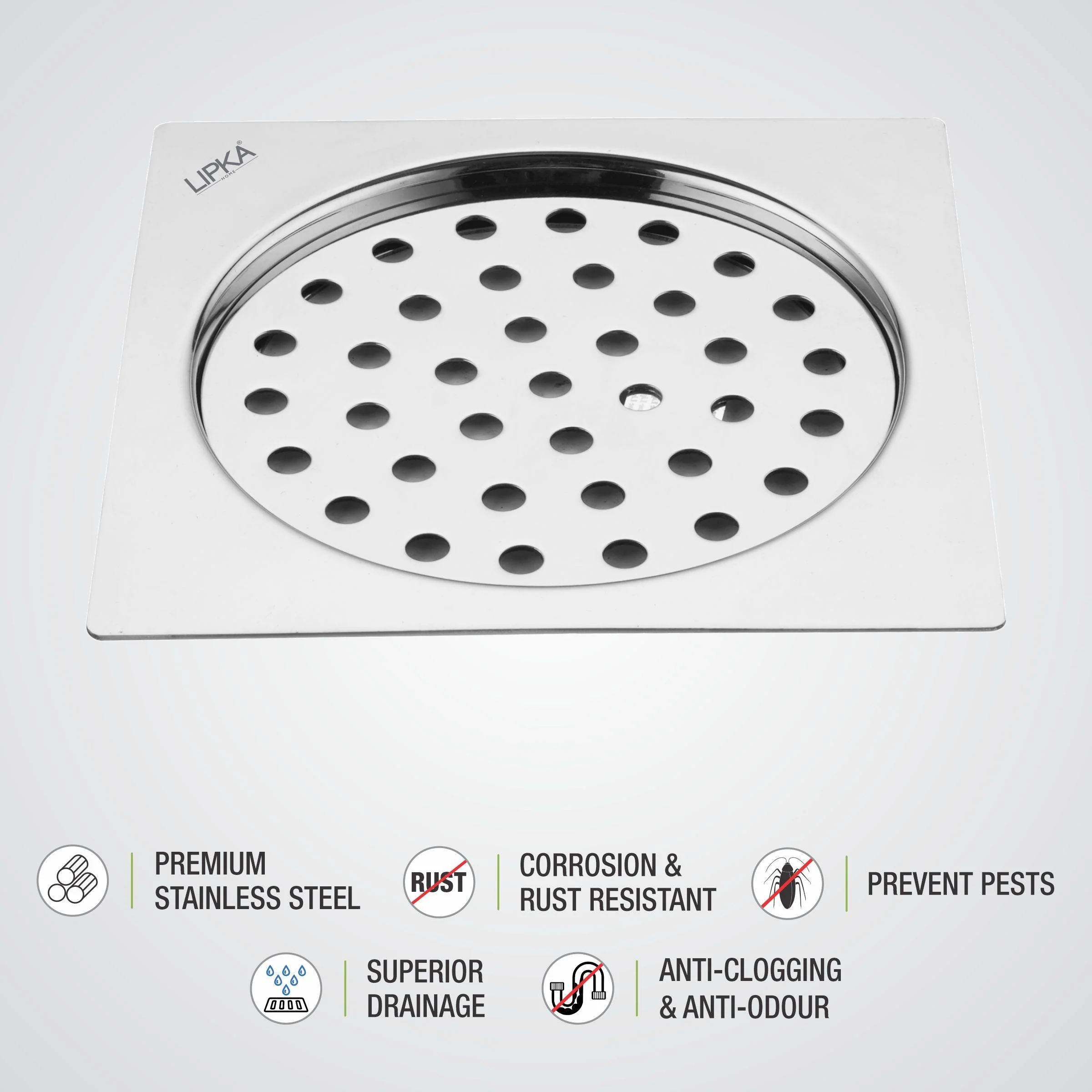 Eon Square Flat Cut  Floor Drain with Plain Jali (5 x 5 Inches) - LIPKA - Image 3