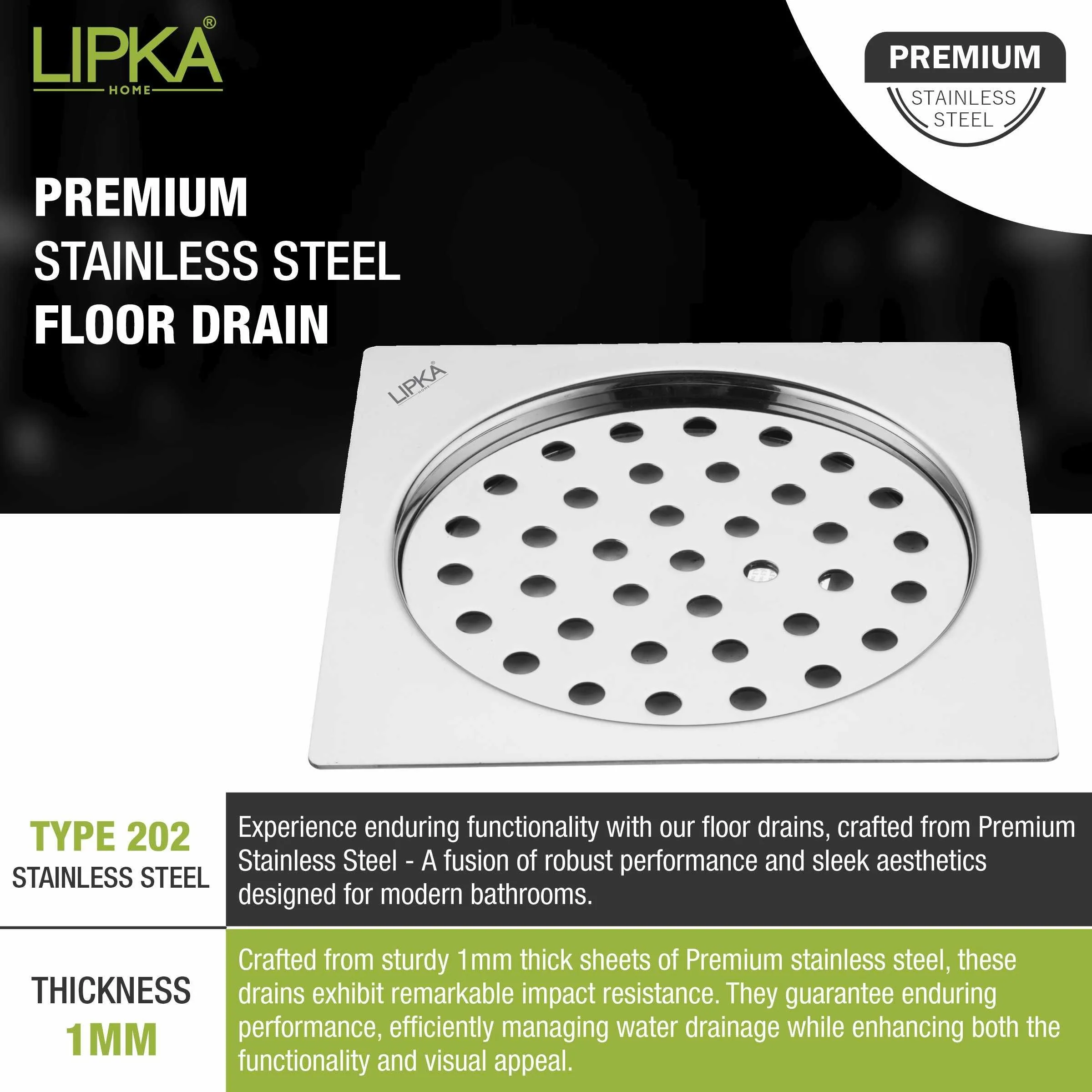 Eon Square Flat Cut  Floor Drain with Plain Jali (5 x 5 Inches) - LIPKA - Image 4