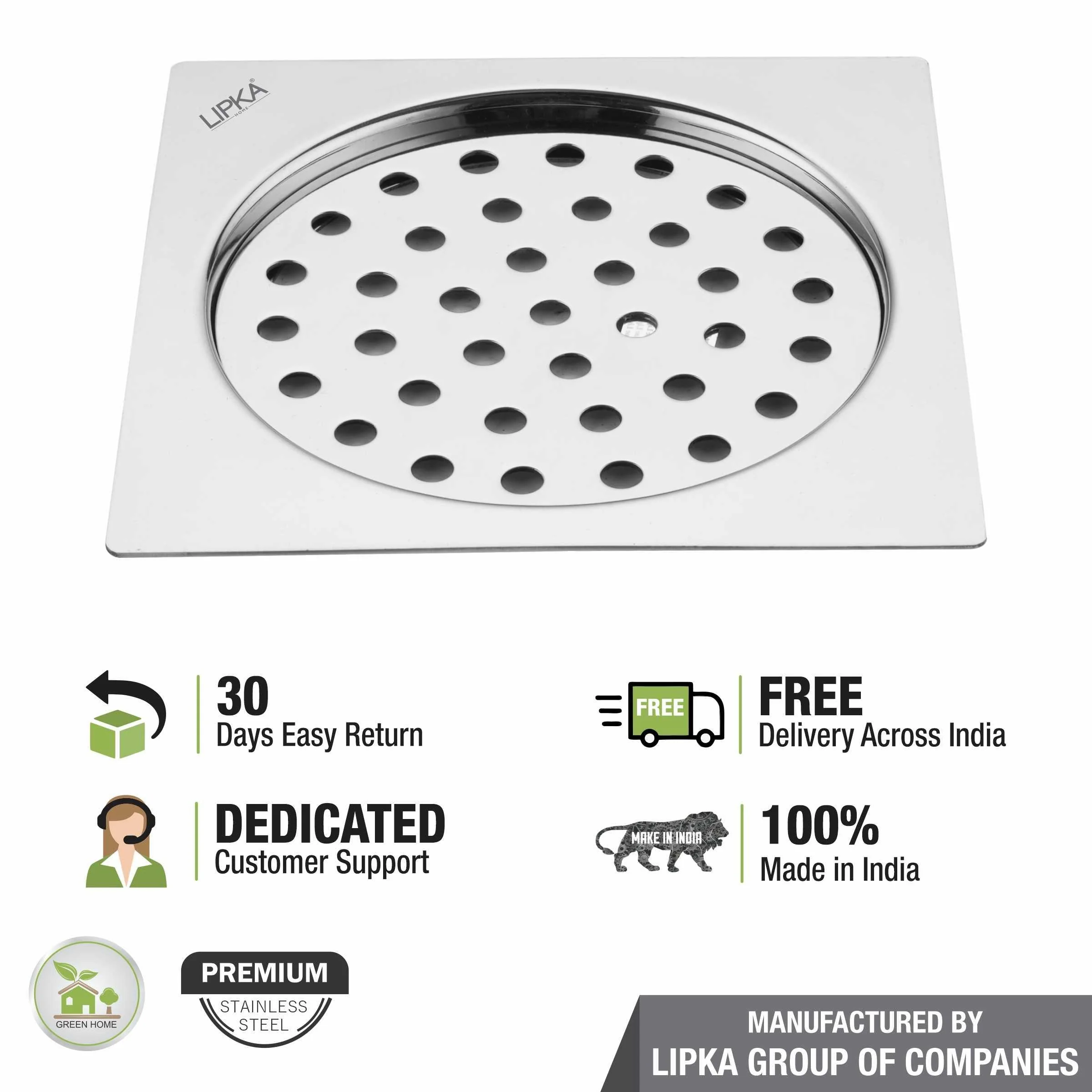 Eon Square Flat Cut  Floor Drain with Plain Jali (5 x 5 Inches) - LIPKA - Image 5