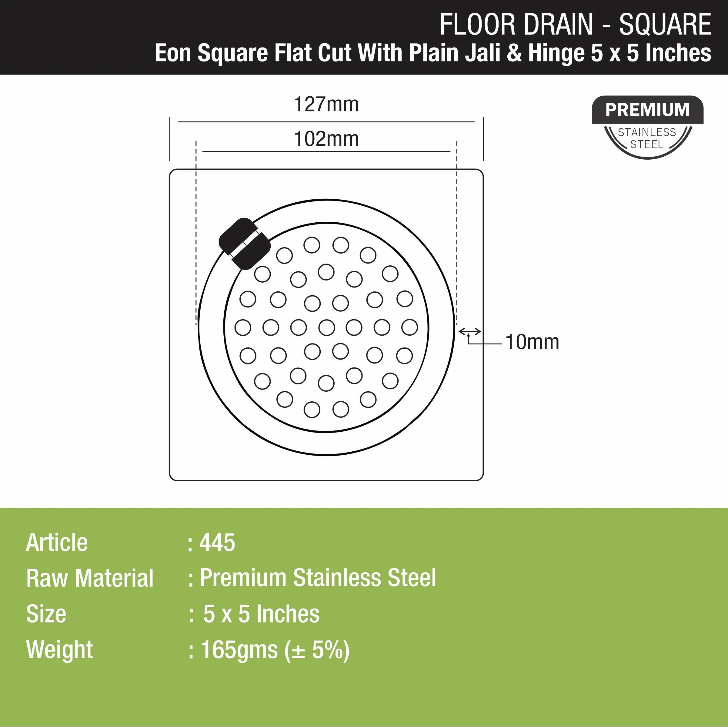 Eon Square Flat Cut Floor Drain with Plain Jali and Hinge (5 x 5 Inches) - LIPKA - Image 2