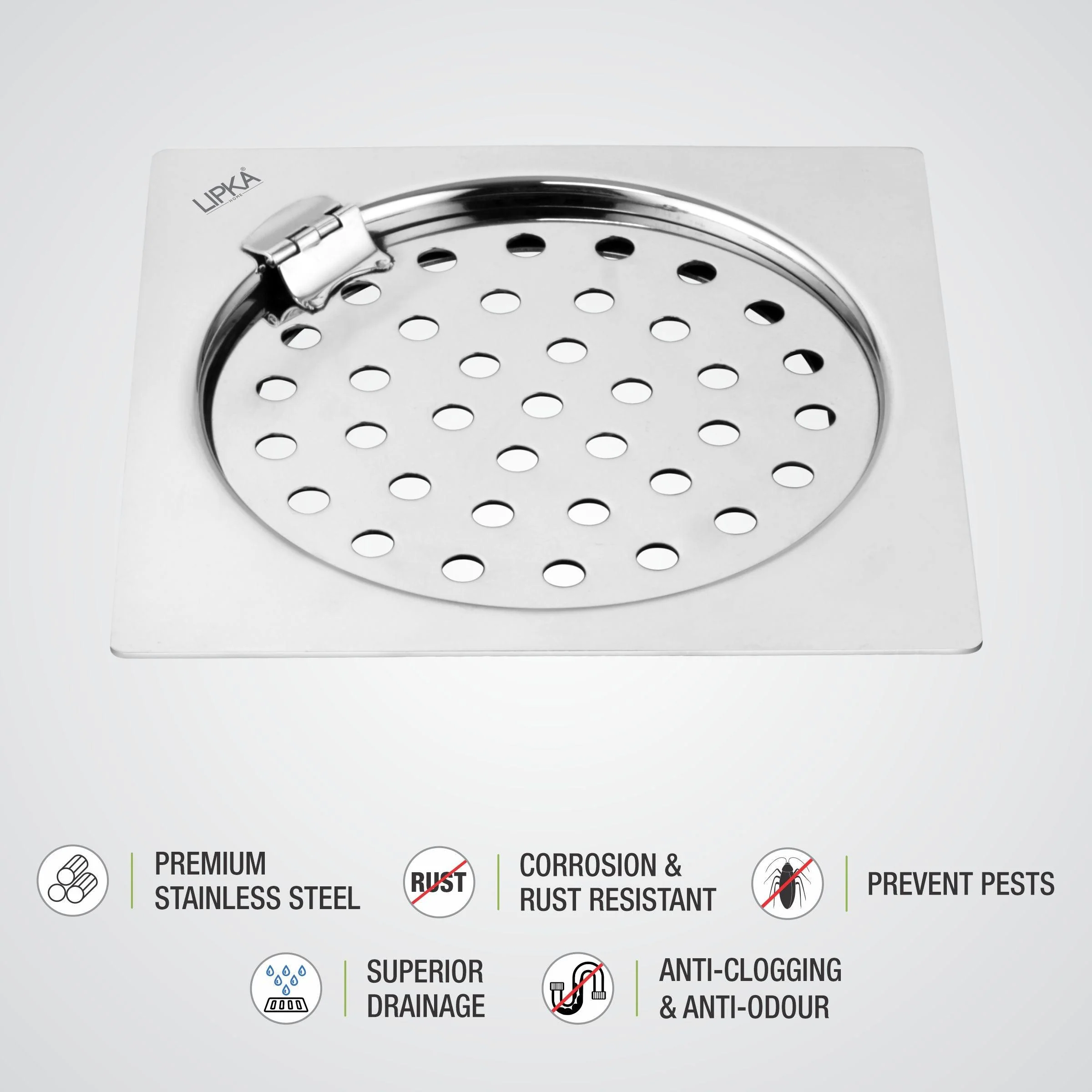 Eon Square Flat Cut Floor Drain with Plain Jali and Hinge (5 x 5 Inches) - LIPKA - Image 3