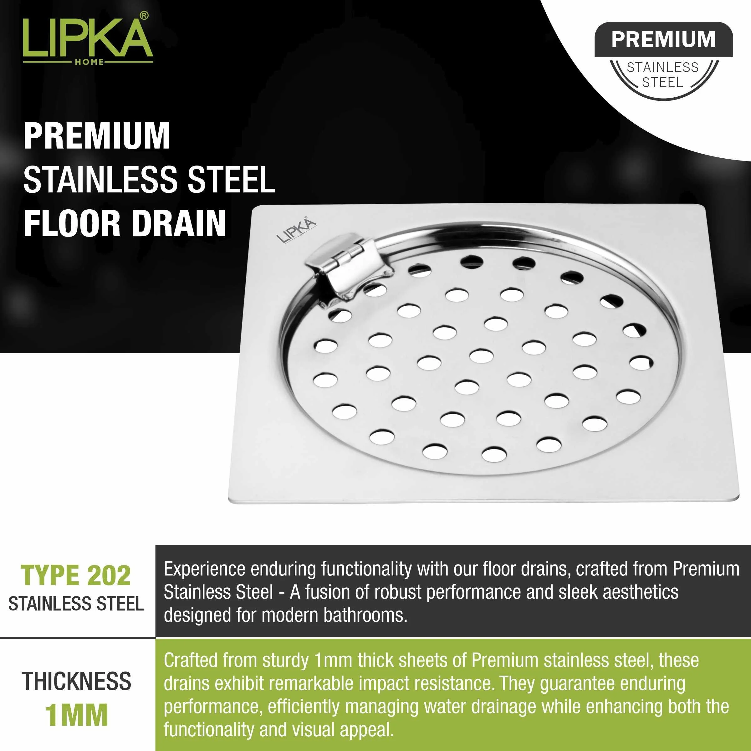 Eon Square Flat Cut Floor Drain with Plain Jali and Hinge (5 x 5 Inches) - LIPKA - Image 4