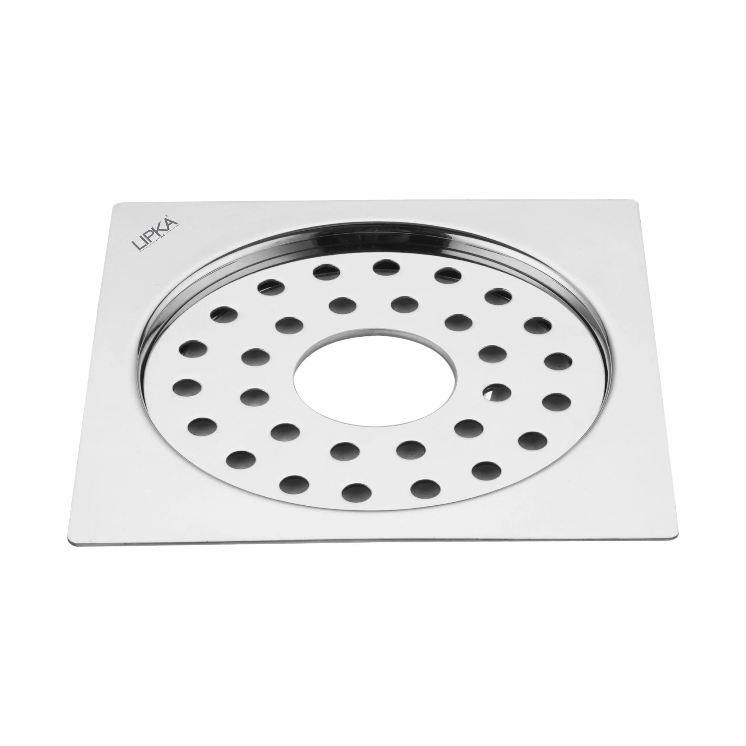 Eon Square Flat Cut  Floor Drain with Plain Jali and Hole (5 x 5 Inches) - LIPKA